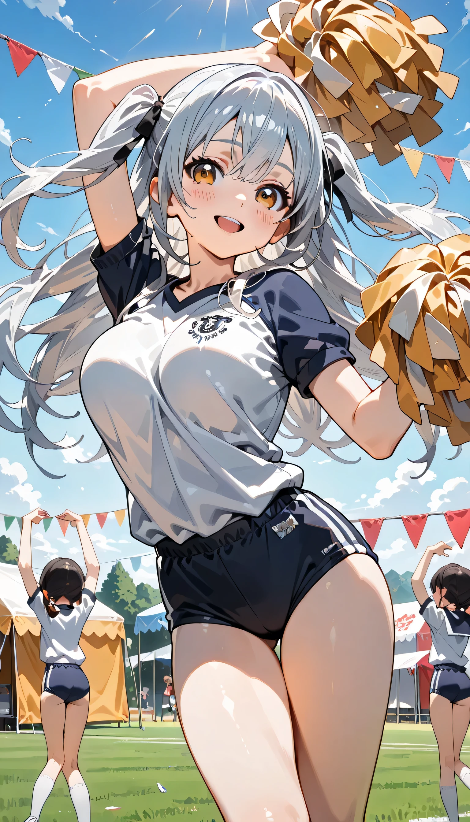 ((ultra-detailed)), (highly detailed CG illustration), (best quality:1.2), ultra-highly detailed, colorful composition, artistic photoshoot, 1girl, solo focus, ((thigh to top:1.4)), ((cowboy shot:1.4)), moe anime character,  girl, dainty facial structure, (bab(round face), ((rounded chin:1.2)), ((ideal ratio body proportions)), celia-default, celia claire, (blue eyes), silver hair color, two side up, (hair ribbon with red), ((hair is swaying in the wind)), ample breasts, ((white gymnastics uniform with navy blue rim:1.4)), ((navy blue school gym buruma:1.4)), ((smile:1.5)), ((happy:1.4)), ((joyful:1.4)), ((blush:1.4)), ((dancing:1.4)), ((cheer dance)), ((holding poms in both hands)), girls dancing, ((dancing on the sports field into school:1.4)), ((event tents lined up around the sports field)), ((girls in gymnastics uniforms cheering under event tent)), ((school Athletic Festival)), sports day flag, ((outdoor:1.4)), ((daytime)), ((beautiful detailed sky:1.4)), from behind, dynamic pose, contrapposto pose, best quality, expecting, pink cheek, blush, light pink gloss slip, portrait, depth of field, ((sparkling sunlight:1.4)), lighting, backlighting, (shine), lighting, caustics, ray tracing, perfect face, lustrous skin, highly detailed face, highly detailed eyes, perfect face, perfect nose, perfect hair, perfect eyes, perfect anatomy, beautiful hair, beautiful small face, extremely detailed face, beautiful detailed eyes, beautiful clavicle, beautiful body, beautiful huge breasts, leavage, breasts squeezed together, equalize the size of the left and right breasts, beautiful thin thighs, beautiful legs, beautiful fingers, ((4 fingers)), 1 thumb, lovely, (very detailed background:1.0), (highly detailed background:1.0), summer aesthetic, intricate details, festival atmosphere, summer colors palette, chromatic aberration
