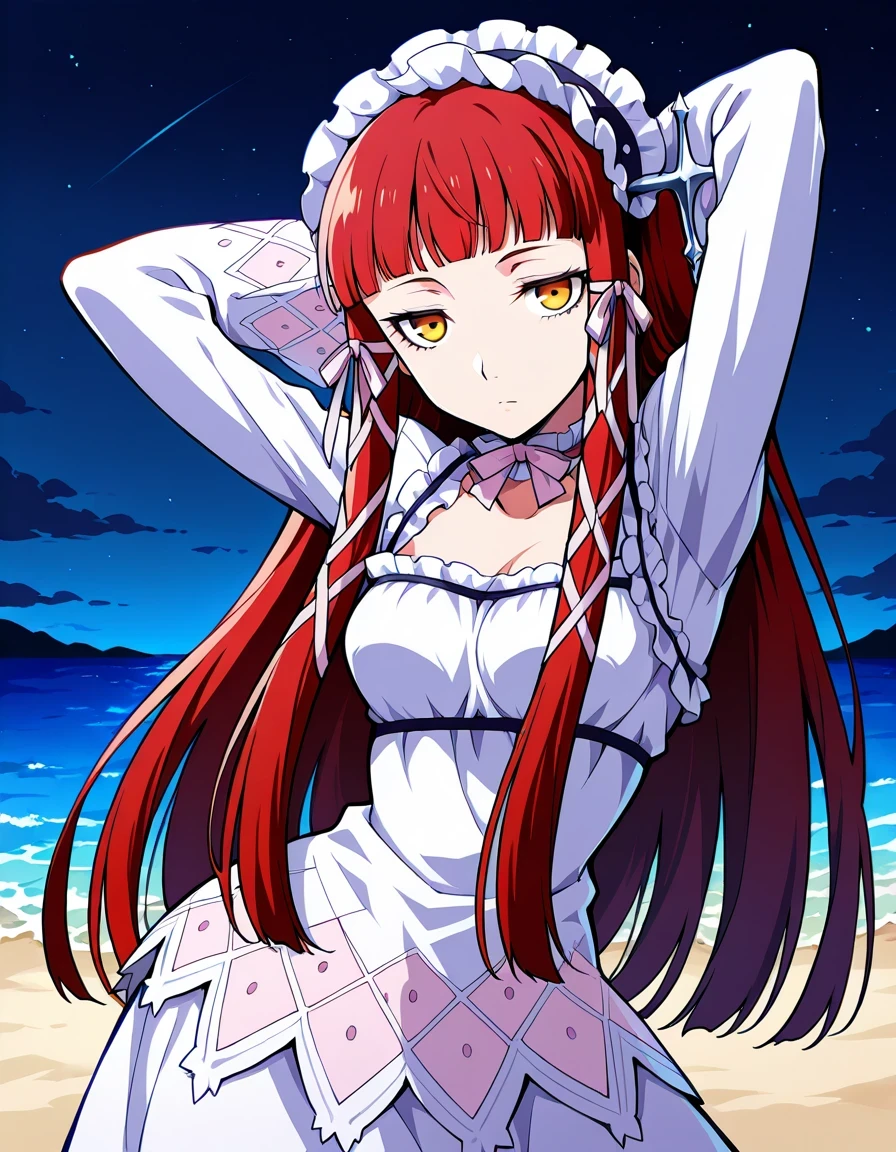 p3chidori, yellow eyes, red hair, long hair, blunt bangs, headdress, hair tubes, hair ribbon, choker, ribbon choker, dress, white dress, long sleeve dress, long sleeves, ta fashion, gothic lolifrills, shiny skin, high quality, solo, night sky, beach, hands behind head, ((contrapposto)), closed mouth, cowboy shot, looking at viewer, expressionless, best quality