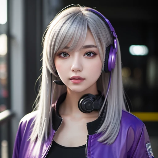  One Girl , Gray Hair,  long hair,  Tech Wear Masterpiece,  best quality,  realistic,  realism, dark purple jacket,  Portrait,   detailed eyes ,  wearing a headset , Platinum Hair,  21 year old girl ,  fashion pose, half body,  Wide Shot,  from ,  cyberpunk