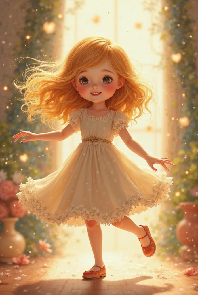 "A sequence of four images, each showing the same beautiful woman next to a clock, symbolizing the passage of time:infancy:
1. A of approximately five years old, with golden curls and a simple white dress, plays happily next to a large antique clock in the garden filled with colorful flowers. She smiles radiantly, with eyes shining with joy and innocence, while the clock ticks the hours of your childhood."
