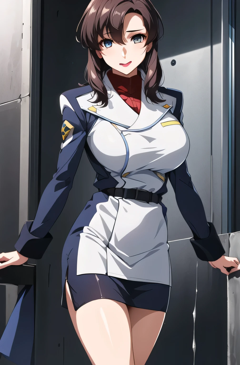 ((Beautiful purple eyes)),  anime girl in uniform posing in a hallway with her hands on her hips, (sfw) safe for work, anya from spy x family, in uniform, red uniform, cushart krenz, female protagonist 👀 :8, cushart kenz, fully - clothed!!!, in a soldier uniform, makoto shinka, jk uniform
