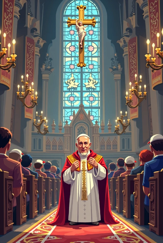 Father raising the Eucharist during mass; comic;