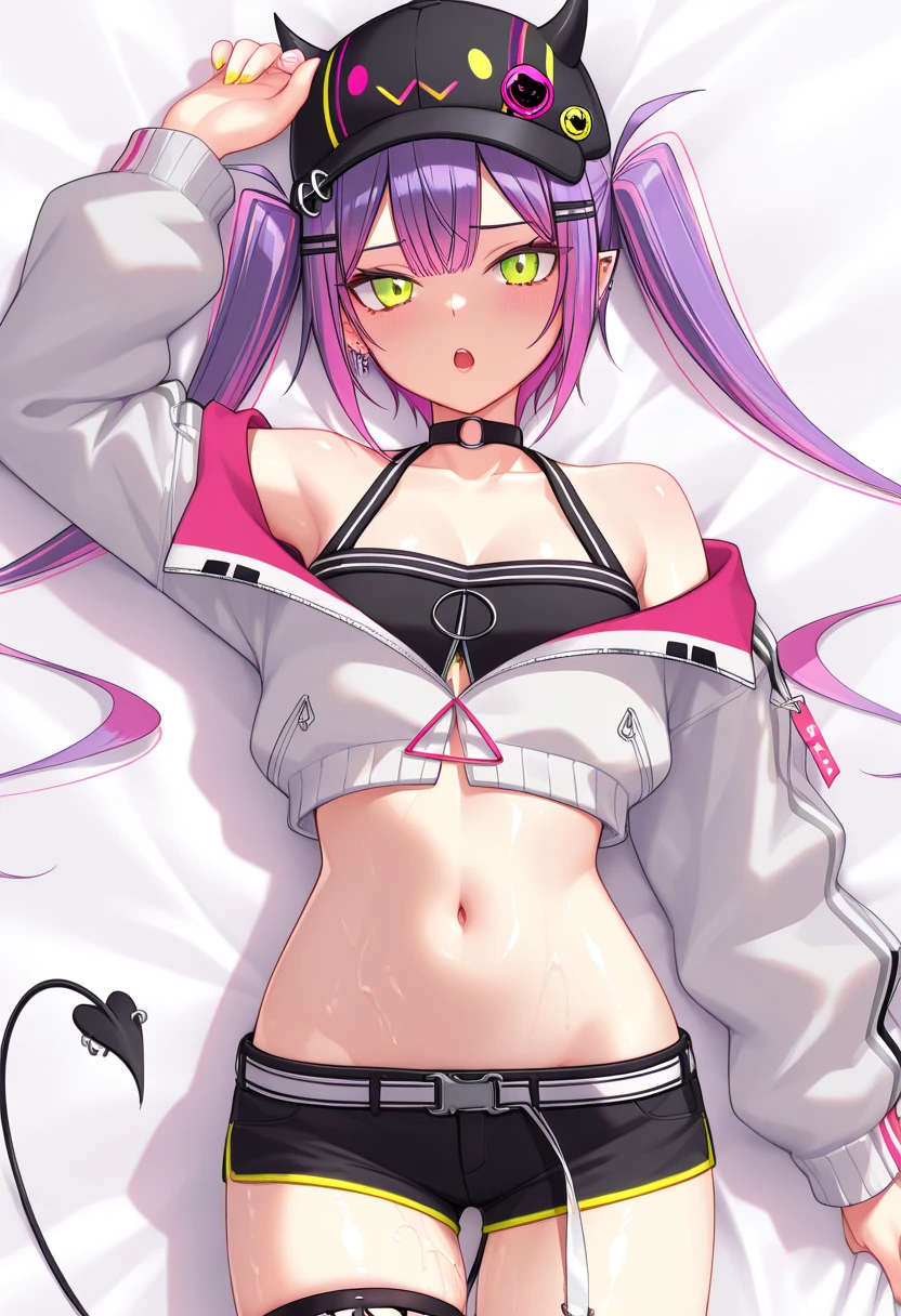 Ponytail,purple hair, purple eye, nude