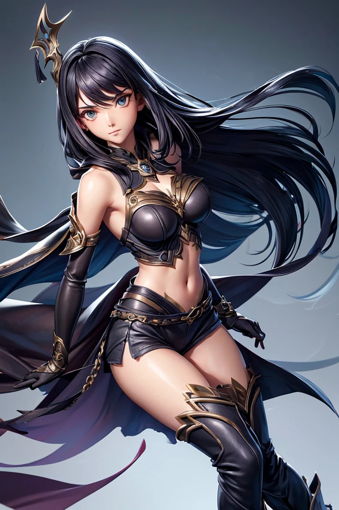 Female, Dark blue hair long to the waist, big curly hair, green eyes, sharp and cold face, balanced body, tear mole on left eye
