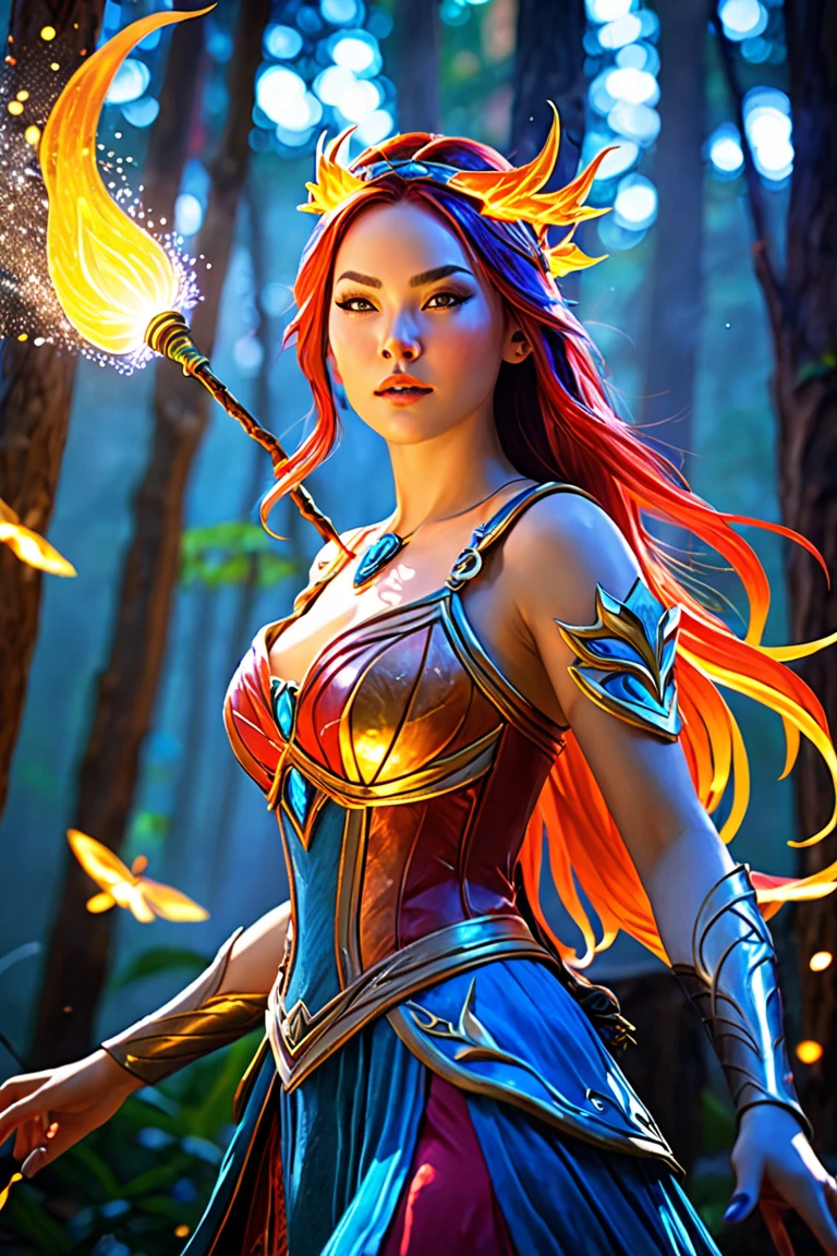 a picture of fire sorceress firing a flaming arrow from a magnificent epic 弓, LnF (elite glamour linda: 1.2), fire sorceress, ultra detaild face,  face perfect, hair blue, long hair, wavy hair, wearing wild glamor dress, intricate dress, purple dress , with fire patterns on it, aiming LnF epic 弓 with a (diamond arrowhead: 1.4),  dynamic 弓, sting pulled to the cheek , arrow ready to be shot, dynamic 弓, sting pulled to the cheek , arrow ready to be shot, it&#39;s night, moon light, stary night, cloudy night,  High details, best qualityer, 16K, [ultra detaild], work of art, best qualityer, (extremely detaild), dynamic LnFgle, full body shot shot, fLnFtasy urbLnF street at night bacground,  ,faize, firing LnFd arrow, 弓 (missiles)
