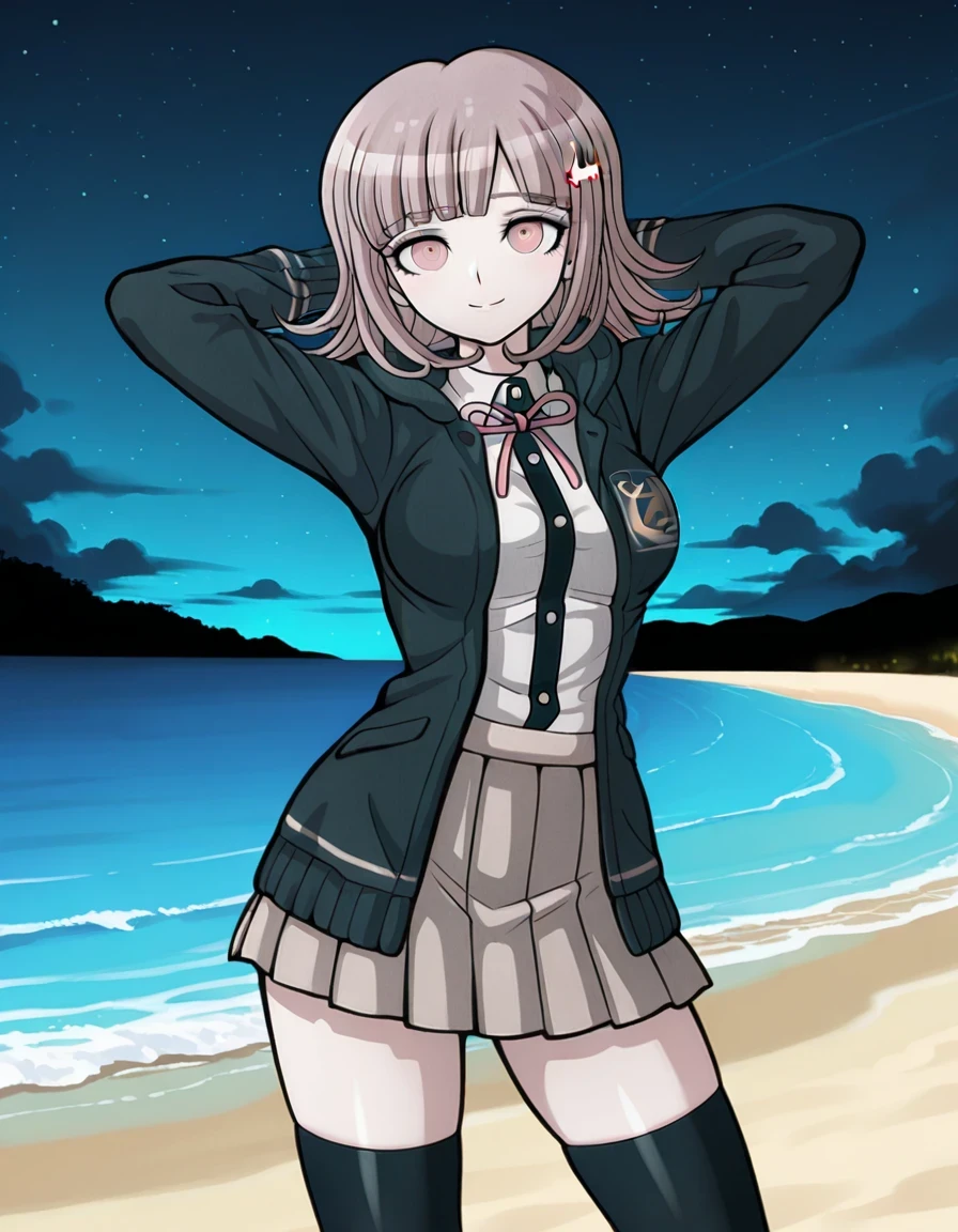 nanami chiaki, game screencap, hairclip, neck ribbon, pink ribbon, black hoodie, open hoodie, hood down, collared shirt, white shirt, two-tone shirt, long sleeves, shirt tucked in, pleated skirt, brown skirt, miniskirt, zettai ryouiki, black thighhighs, flipped hair, medium hair, light brown hair, pink eyes, bangs, shiny skin, high quality, solo, night sky, beach, hands behind head, ((contrapposto)), closed mouth, cowboy shot, looking at viewer, smile, best quality