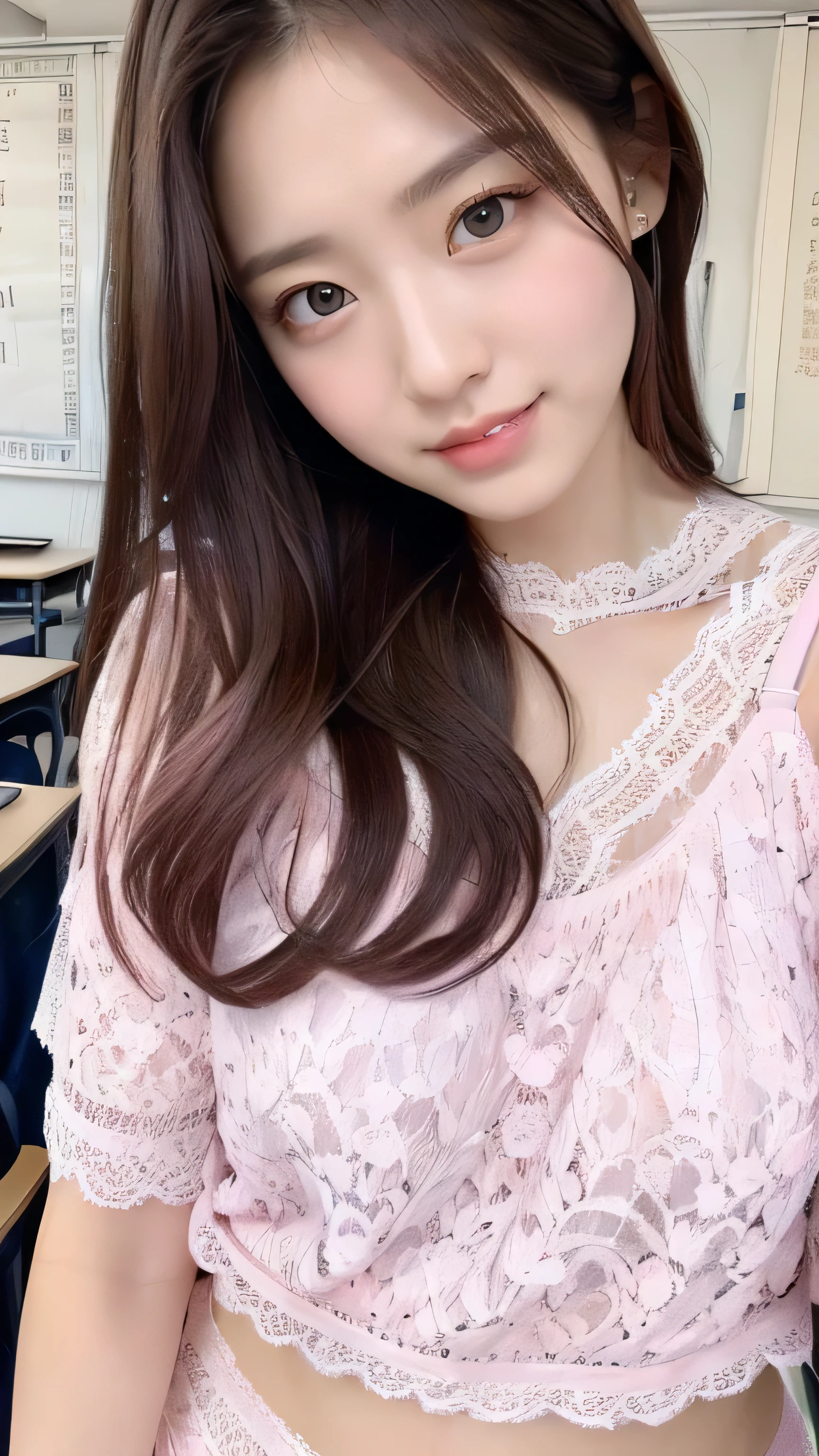 ((best quality)), (masterpiece),Japanese,beautiful face, detailed hair,18years old, short dark brown hair,((((presenting pink lace panties))),smile, school uniform, white shirts, classroom