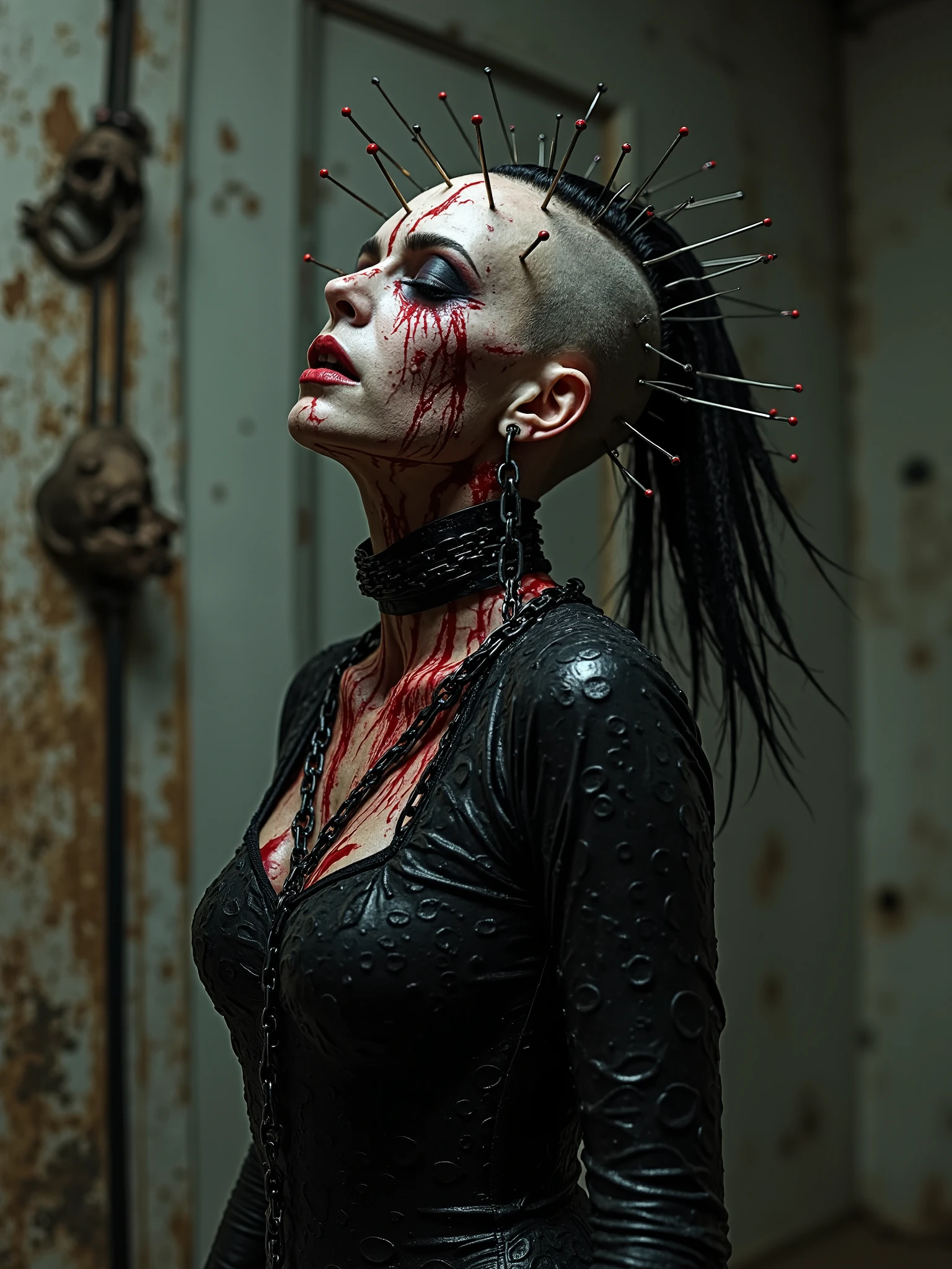 Dark surreal photography, dark realistic photography, beautiful female cenobite Hellraiser pinhead,with pins and skulls nailed in the head,beautiful cosmic entity goddess, necromancer, chainmail dress, rotten face,dark art,chains with hooks hanging From the ceiling that is cracking in the background,red goo spilled over her hair dressed chained body with deformations ,dark cenobite from hell screaming from pain as hooks and chains pull her skin, fresh exposed wounds, chains hanging everywhere,beautiful pinhead cenobite chain's pulling her fresh apart,dark old Room background, bones hanging on chains and skulls, shaved hair on one side,mahavk