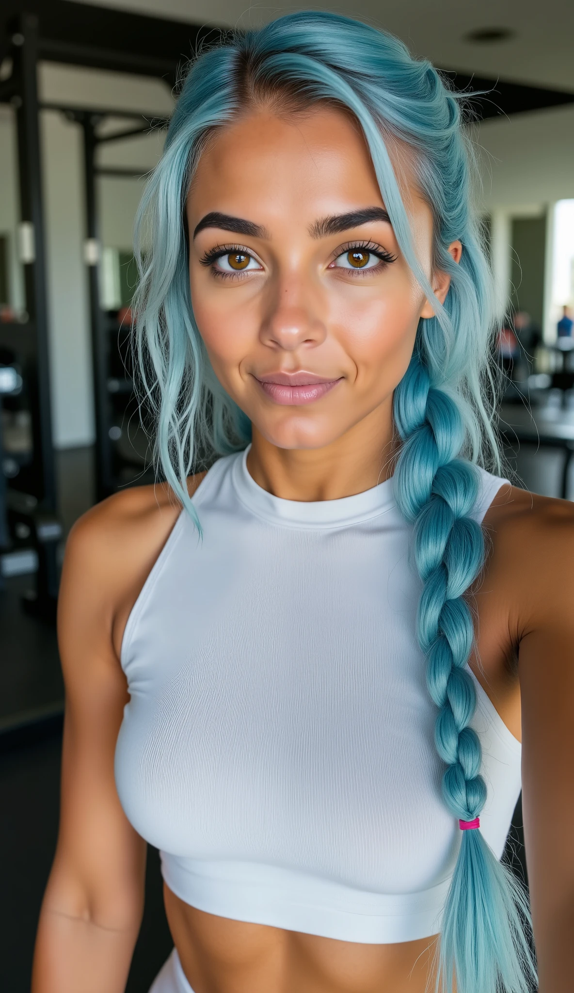IMG_234.HEIC. ULTRA-DETAILED, PHOTOREALISM PORTRAIT of a Brazilian woman in her 20s with flawless light olive skin, bright light brown eyes (emphasis: 1.5) and long, light blue hair in side braids with turquoise ribbons. Full bust, slim waist, wide hips, visible body with smooth-skinned ribcage, defined muscles, toned muscles and evident abs. A fitness selfie in a modern gym with weight racks visible in the background. 20-year-old girl, wearing a white sports top and white high-waisted compression leggings. White sneakers. The image quality is grainy. The lighting is harsh, her features are visible. Standing for a selfie. Selfie pose in the mirror with iPhone. Professional photoshoot, iconic backdrop, bright afternoon lighting, photorealistic rendering, excellent quality, highly detailed, fine details IMAX, 16K rendering, sharp focus, high contrast, vivid colors. Professional photoshoot, sophisticated backdrop, bright midday lighting, photorealistic rendition, excellent quality, highly detailed, IMAX fine details, 16K rendering, sharp focus, high contrast, vivid colors, tanned skin.