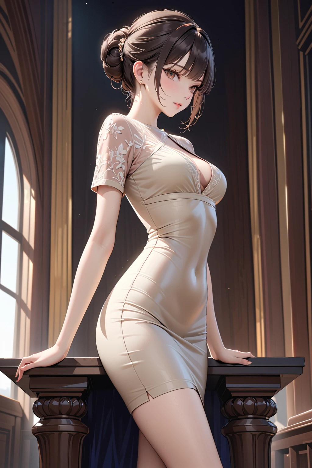 Goddess ((goddess-like woman)), slim elegant silhouette, masterpiece, (close angle), best quality, pale skin, fair skin, sweet face, (masterpiece:1,2, best quality), (real picture, intricate details), (1 lady , solo, medium tits, slim waistline, ), ((Persona5TaeTakemi)), a woman with short hair, black hair, brown eyes, she has an impressive presence., short hair, bracelet, hoop earrings, jewelry, beautiful face, beautiful eyes, she looks at the viewer, She is wearing a stunningly beautiful golden evening dress and high heels with straps. sweet irresistible smile, elegant pose, elegant hands, beautiful hands, perfect fingers, background: She is standing in a large, elegant entrance hall. Everything in the room looks very expensive.