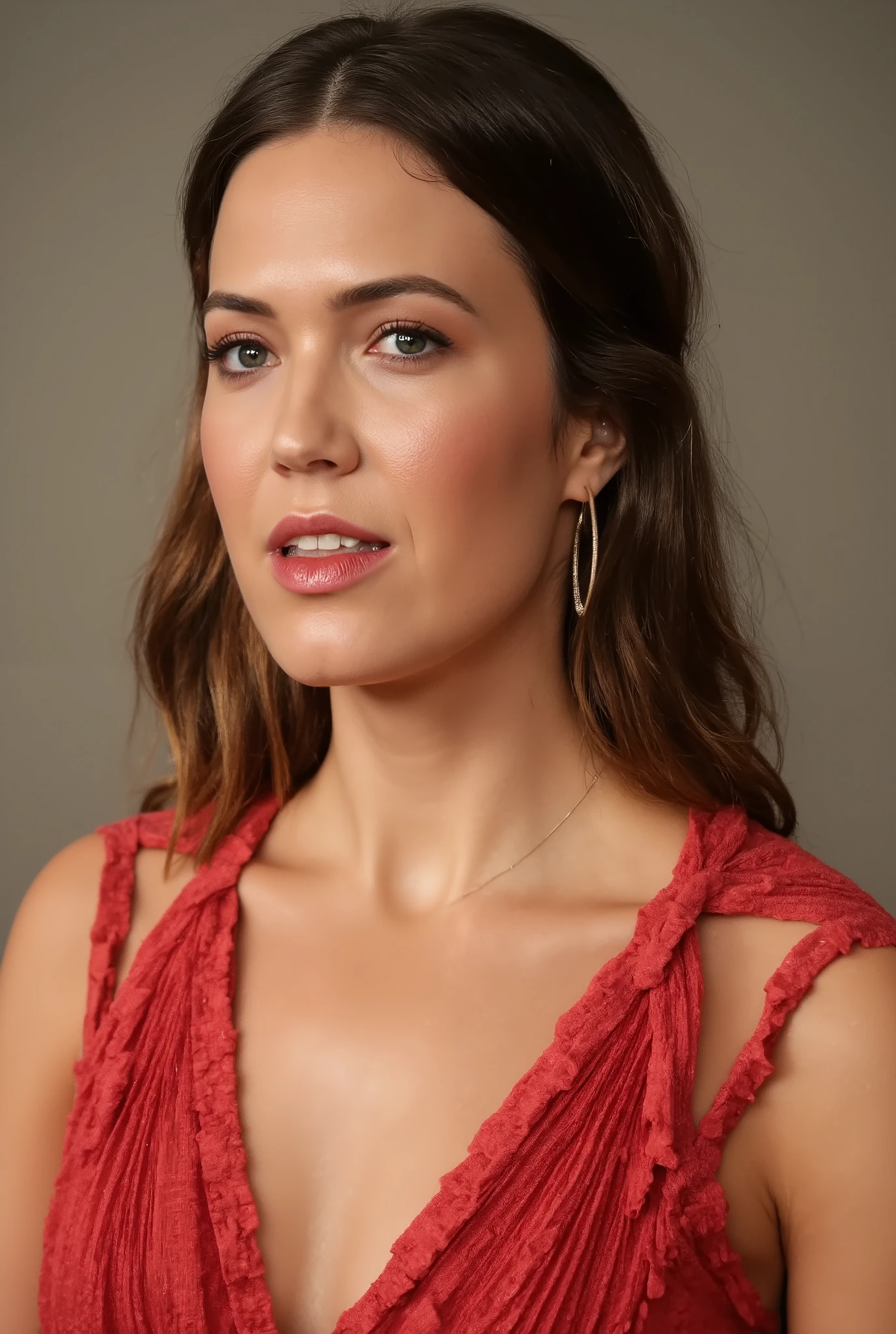 best quality, highres, 8k, masterpiece, photography, detailed midbody photorealistic portrait. Mandy Moore stuns in a sleek red high-cut one-piece swimsuit with a plunging neckline, inspired by the classic Baywatch aesthetic. Her long, sun-kissed hair cascades in effortless beach waves, and her golden tan glows under the tropical sun. She accessorizes with gold hoop earrings and a delicate ankle bracelet. Set against the crystal-clear waters and overwater bungalows of the Maldives, she is emerging from the ocean, droplets glistening on her skin, as she flips her wet hair back in a cinematic motion. 40 years old, (real skin texture: 1.3), (slender figure: 1.1), six-pack abs, (Immersive Ambience, Chiaroscuro: 1.5, Dim Light: 1.1, Neon Lighting), (Bokeh: 1.5), Blurred, high contrast, (Fuji colours: 1.5), film grain