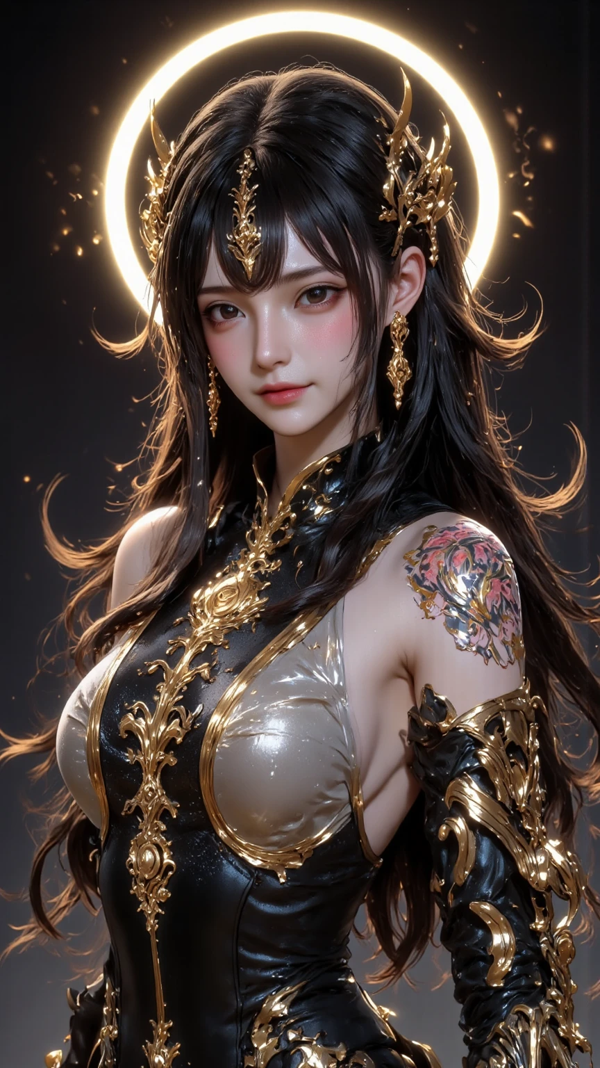 Create a detailed illustration of a fierce female warrior. She wears a headband adorned with intricate decorations, featuring a glowing red gem at its center. (Her shoulder guards have short), thick horns at their tips, surrounded by numerous bumps and ridges of various sizes. Her chest armor is shaped like a bikini but has a rugged, crustacean-like texture. She also wears matching gauntlets on her arms. A black cape flows behind her. Her eyes are sharp and filled with hostility. Her hair stands on end like a lion's mane, colored yellow with a streak of red running through the center, resembling flames.