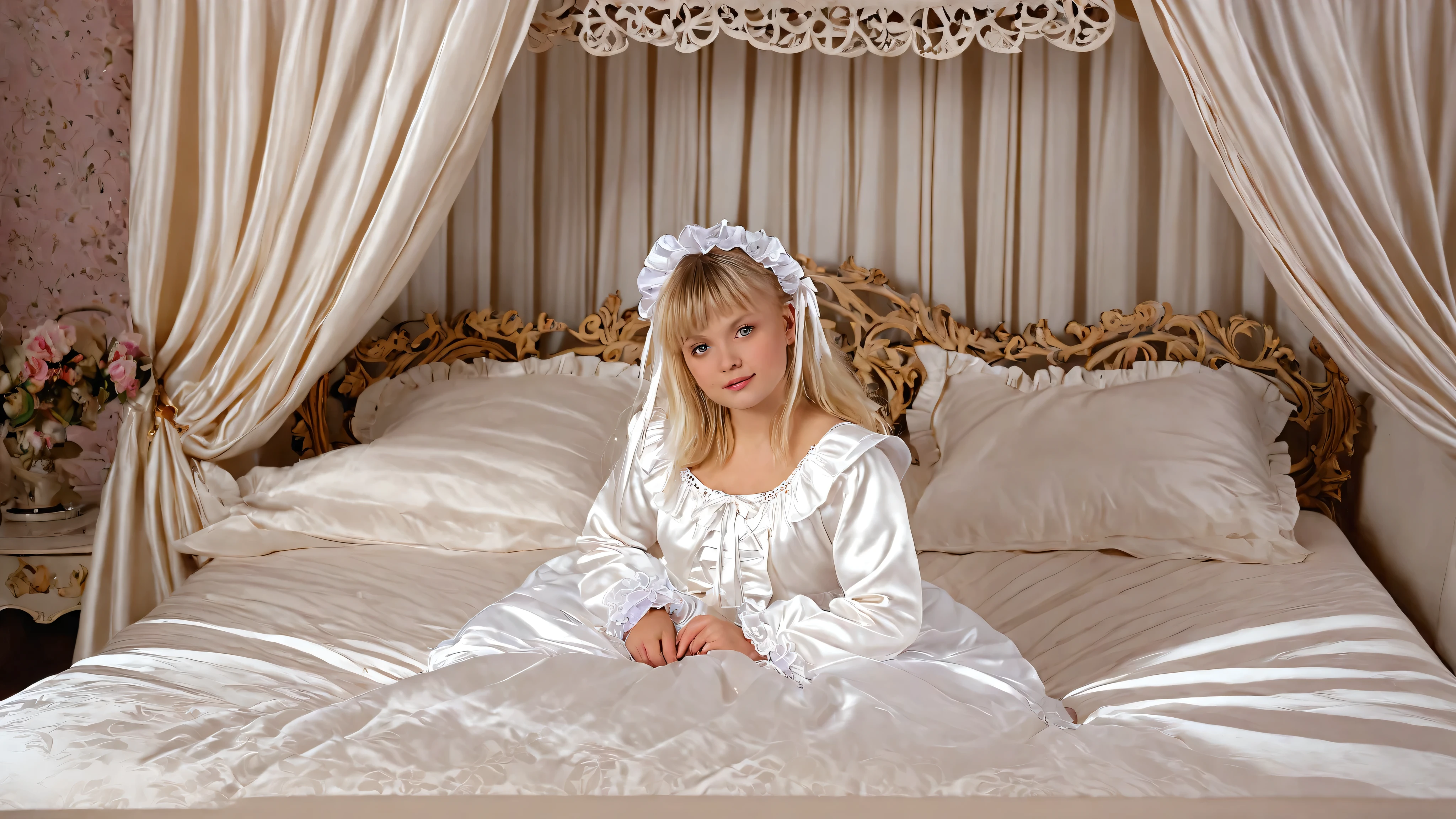 A young girl on the bed,(((short body height:1.2))),((( russian girl:1.2)))),(((cute baby facelond ling hear,white plump quilted silk satin nightgown with frills and ribbons,long skirt,long sleeves,frilled sleeves,frilled head dress,a bed with a mountain of silk satin pillows,(((retro canopy bed:1.0))),(((king size bed))),((more big bed:1.2)),((lot of frilled pillows)),more pillows, A plump qulited silk satin devet,ruffles lace silk.retro white pipe bed frame, A large silk satin ruffled duvet covers the entire bed,