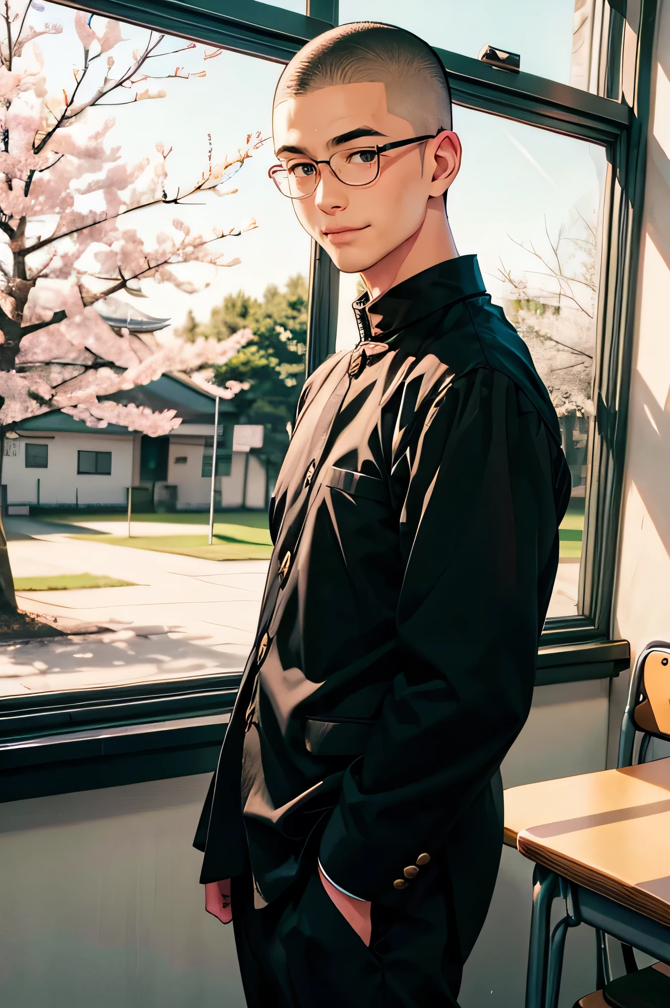 Japanese man handsome smile In the classroom Outside the window is early spring and there is only one cherry tree glasses glasses Shaved head Shaved head skinhead Shaved head Shaved head skinhead Black school run school uniform Black school run
