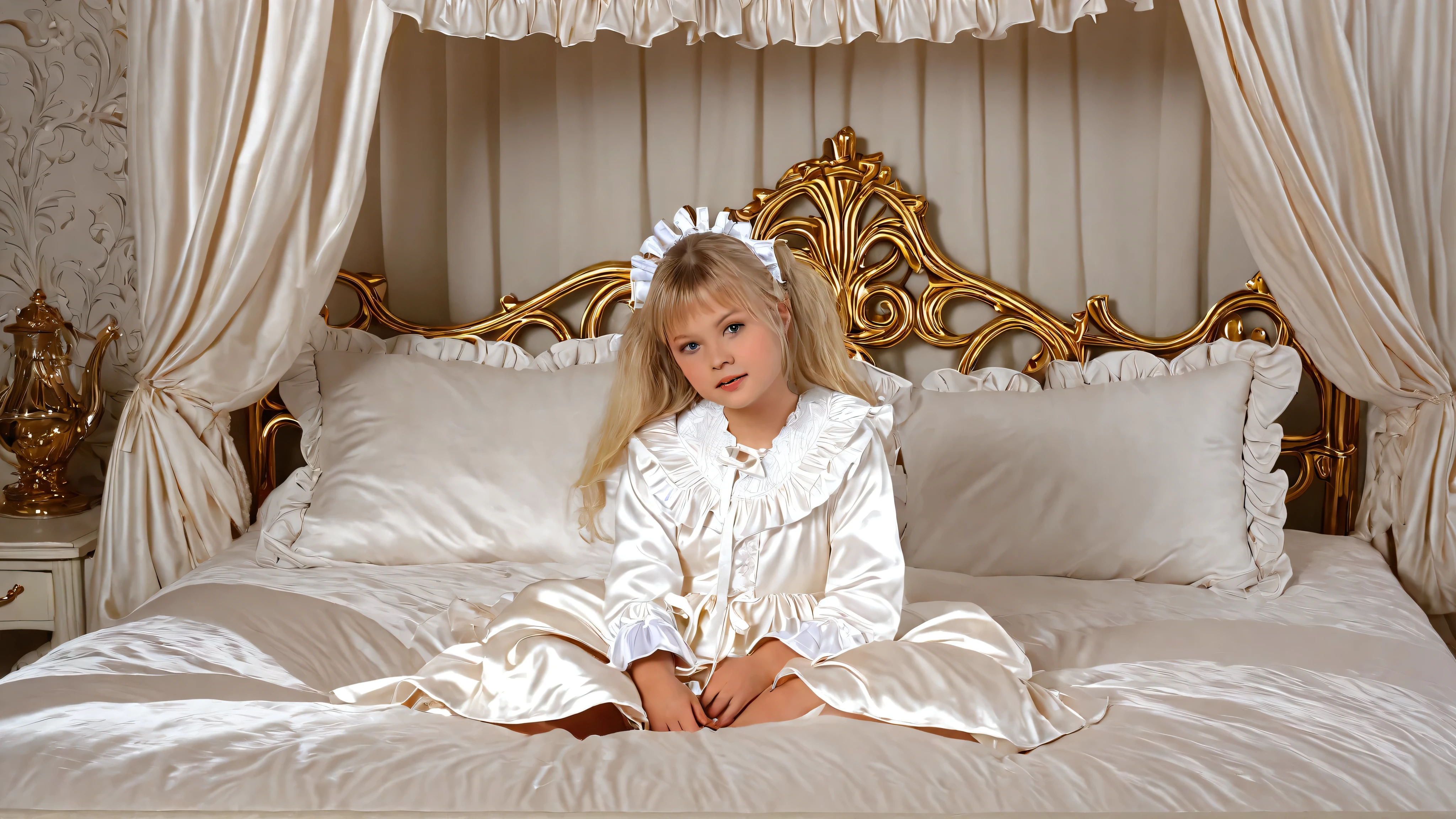 A young girl on the bed,(((short body height:1.2))),((( russian girl:1.2)))),(((cute baby facelond ling hear,white plump quilted silk satin nightgown with frills and ribbons,long skirt,long sleeves,frilled sleeves,frilled head dress,a bed with a mountain of silk satin pillows,(((retro canopy bed:1.0))),(((king size bed))),((more big bed:1.2)),((lot of frilled pillows)),more pillows, A plump qulited silk satin devet,ruffles lace silk.retro white pipe bed frame, A large silk satin ruffled duvet covers the entire bed,