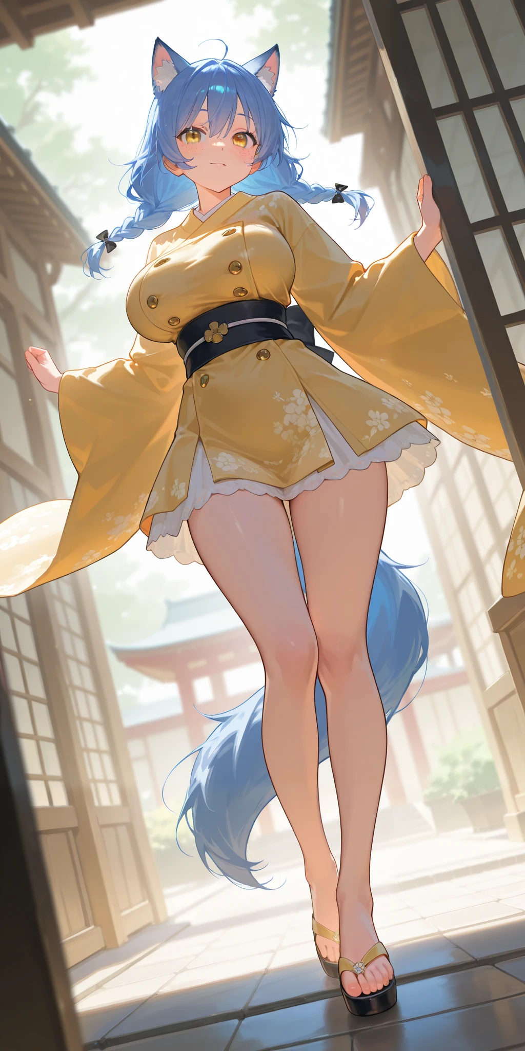 Alone, 1 girl\(((supermodel)), ((Big breasted women)), a werewolf girl with a tail , freckles,, braids, Beautiful blue hair, in a Classic Japanese Town , Chest, Black and Golden Kimono , beautiful eyes , super cute, Super Sexy, ultra bouncy , beautifully shaped breasts, Ultra High Definition,\). break .background\( Enchanting Cute Poses , wonderful old beautiful historic temple\). break .quality\(,masterpiece, high score, great score, wopen leg, Hi-Res, super detailed, abusseur dress with wire mesh, latest, scenery, depth of field, cinematic lens effect, Extremely Dramatic Pictures , transformation, Dutch angle, Medium full body,anime\)