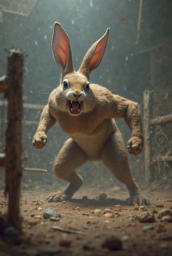 Farm environment, Juvenile,Dwarf,Lots of scars on the body,(covered in wounds),Male baby rabbit, Kneeling in the dirt,Raised,Charm,Rabbit shape, muscular, Yellowish white, sweat,Happy, Looking at the audience,
rest,
(Detailed background:1.2),High Detail, Film Photography, RAW Video, Practical, Analog style, best quality, ultra Practical, 8K,By Ken Ketter,