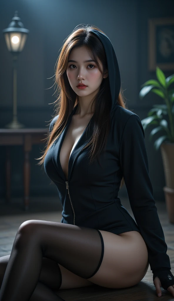 1 GIRL, solo,a beautiful milf with huge breasts, wearing round glasses, sitting on a table in a library, wearing tight black latex stockings that dig into her juicy thighs, wearing a choker collar that strongly compresses her neck, her tongue sticking out and eyes rolled up, (best quality,4k,8k,highres,masterpiece:1.2),ultra-detailed,(realistic,photorealistic,photo-realistic:1.37),detailed eyes,detailed lips,extremely detailed face,long eyelashes,elegant mature woman,seductive pose,intense expression,chiaroscuro lighting,moody atmosphere,dramatic shadows,rich colors,cinematic,portrait
