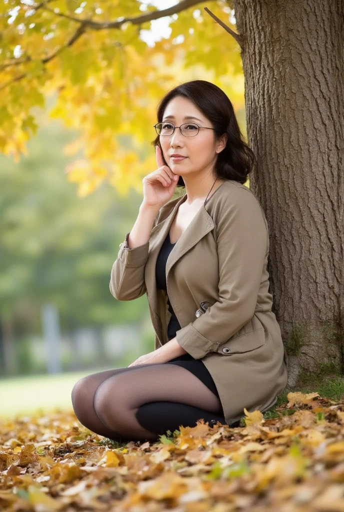 Japanese, (alone), Mature Woman,30 years old, (whole body), Big Breasts, Straight Long Hair, Glamour, sexy, Pure white skin, Observe the audience、(White blouse),(She is only wearing beige pantyhose),Black high heels、garden、Squat、Place your hands behind your back,(Legs apart 1.5),Spread your legs、Wearing glasses