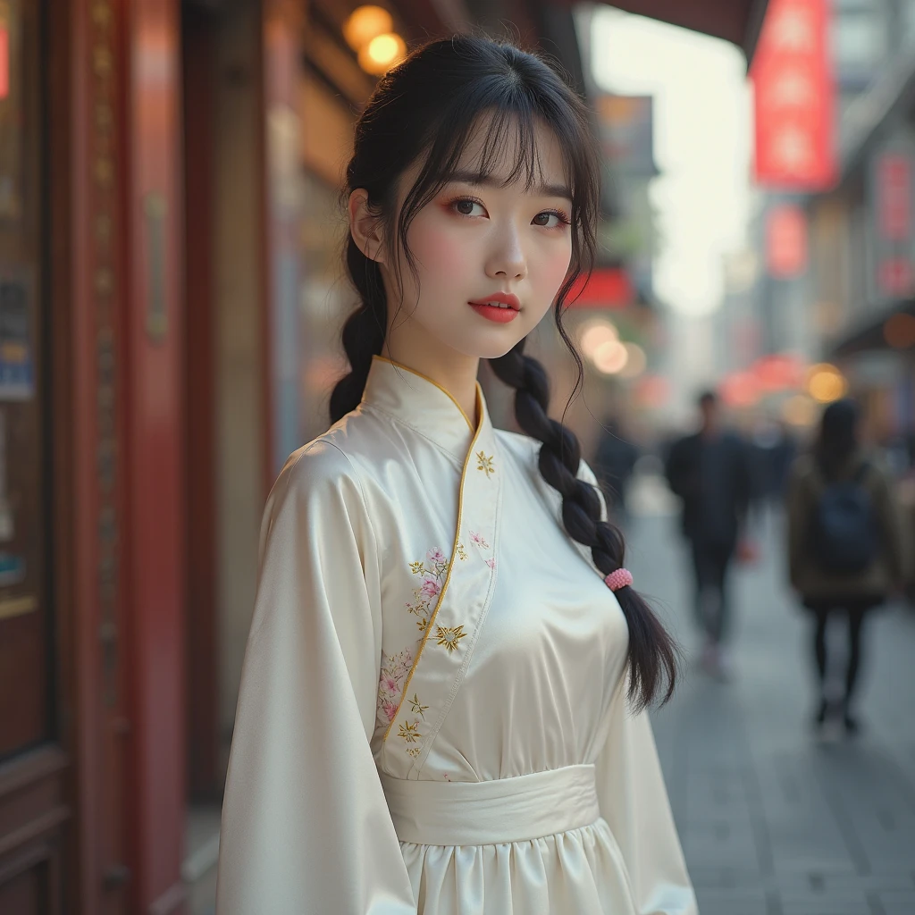 the Extremely Detailed CG Unity 8K Wallpapers，（tmasterpiece），（best qualtiy），（ultra - detailed），（Ultra photo realsisim），（best character detail：1.36），Nikon D750 f / 1.4 55mm，dynamic angle，profesional lighting，photon maping，Radio City，physically-based renderingt，
exteriors，busy street，looking at viewert，Be red in the face，
1girll，A MILF，熟妇，Tall stature，White proportions，（Kpop idol），（Shiny skin：1.2），（oilly skin：1.1），putting makeup on，[:(highy detailed face：1.2）：0.2]：，PureErosFace_V1，
（（Wavy gray hair and sophisticated fashion sense）），（agyo sal：1），（puffy eye），（eyeslashes：1.1），（parted lip：1.1），Red lipstick，broad shoulder，（mediuml breasts：1.1），（：1.1），Animal ear，（big assa：1.2），Thighs, Thighs，
 White bright Hanfu，Collar buttons，Ming，Ming dynasty，White silk garment，hair pin，trpical garden