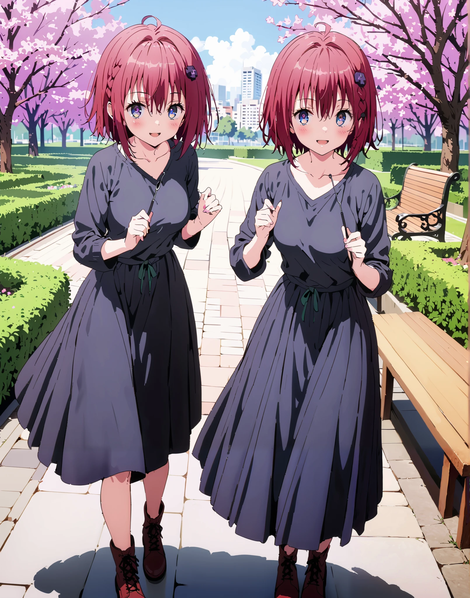 Kurosaki's thing , Alone,stupid hair, blue eyes, knitting glasses, hair intake, sngle braid,HAIR ACCESSORY, red hair, hair knitting glasses, smile,blush,open your mouth,Medium breast, oversized v neck sweater long sleeve,long skirt,short boots, bench,Beautiful cityscape,cherry blossoms,standing,full bodyがイラストに入るように,                               
 break outdoors,garden,
break looking at viewer,full body,
break (masterpiece:1.2),Best Quality , kampala, Unity 8K Wallpaper ,(shape:0.8),(  fine, beautiful eyes  :1.6),It's a person ,full body写真,CG Details , (perfect hands, complete anatomy),