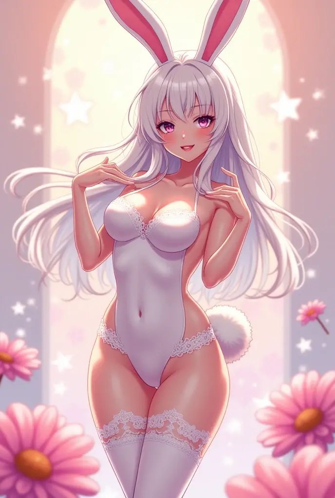 draw a anime girl with, white strapless bodysuit, white rabbit ears, white heels, white panty stockings, white collar with pink bow, gray eyed, with a smile, blushing cheeks, in a mischievous pose, pink fur