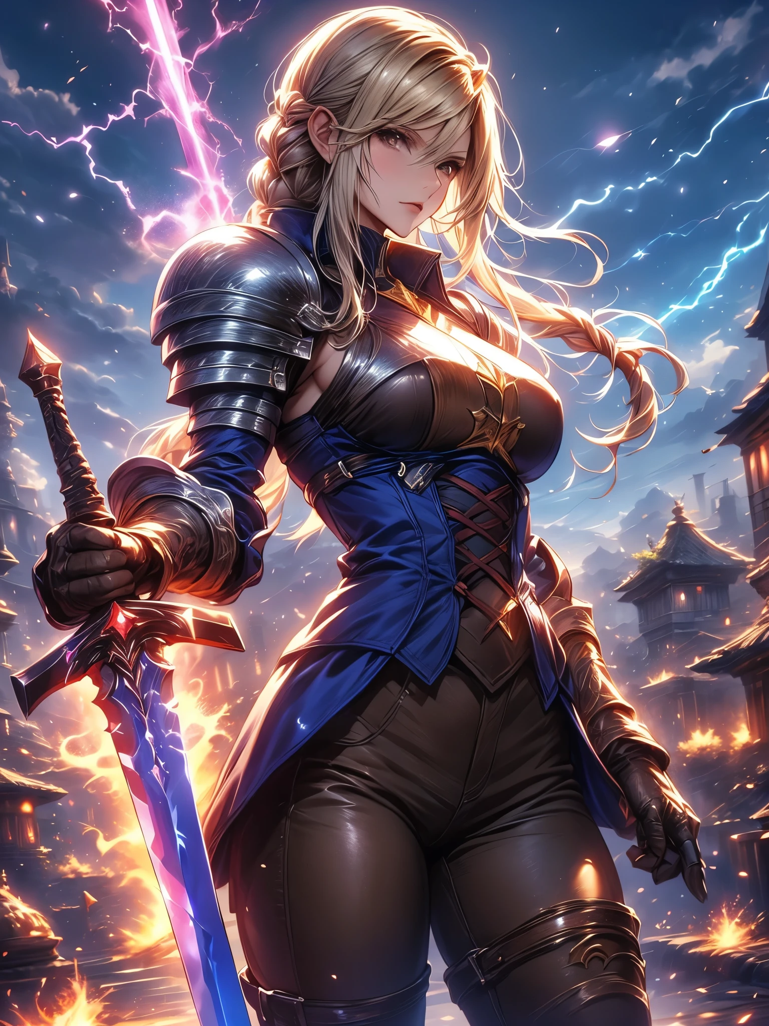 \(Agrias Oaks\(Final Fantasy Tactics\), score_9, score_8_Excellent, score_7_Excellent, 32K ,Detailed Depiction 、 break ,Alone,1 girl with blond hair, braided ponytail ,brown eyes,shoulder armor, armor, corsets,(brown pants:1.3), Knee pads, BLUE DRESS , brown gloves, pants, Cross Race Boots ,big breasts,dynamic pose viewed from the bottom of the back,fighting stance,Dynamic Angle,(\(Become, European Swords , glows blue\):1.4)\),(purple lightning sparks erupt from her whole body), Female Paladin Images , アニメファンタジーアート break ,background\Long Hit,Dynamic Angle,very aesthetic(Best Quality)),(Ultra High Resolution),(Super Detail)