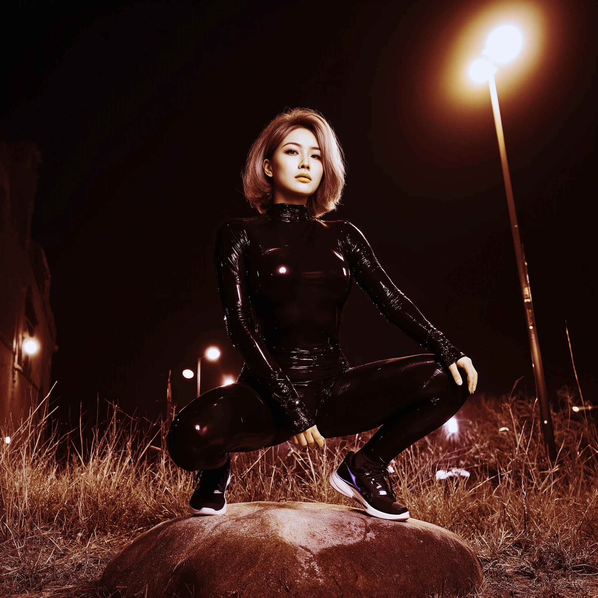 Professional photographic shot of a confident woman in a tight, glossy black bodysuit, crouching on a large rock at night. She wears futuristic athletic sneakers with blue and black accents. The scene is illuminated by a single streetlight, casting a golden glow over the dry grass and creating a striking contrast with the deep dark sky. Her short, voluminous hair frames her face, and she gazes at the camera with a mysterious expression. The reflective surface of her outfit catches the warm light, accentuating her silhouette. Cinematic lighting, high contrast, urban night setting, bold and powerful atmosphere.