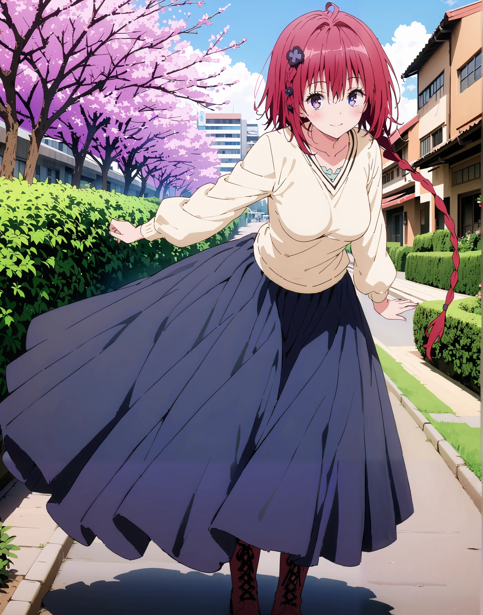 Kurosaki's thing , Alone,stupid hair, blue eyes, knitting glasses, hair intake, sngle braid,HAIR ACCESSORY, red hair, hair knitting glasses, smile,blush,open your mouth,Medium breast, oversized v neck sweater long sleeve,long skirt,short boots, bench,Beautiful cityscape,cherry blossoms,standing,full bodyがイラストに入るように,
break outdoors,garden,
break looking at viewer,full body,
break (masterpiece:1.2),Best Quality , kampala, Unity 8K Wallpaper ,(shape:0.8),( fine, beautiful eyes :1.6),It's a person ,full body写真,CG Details , (perfect hands, complete anatomy),