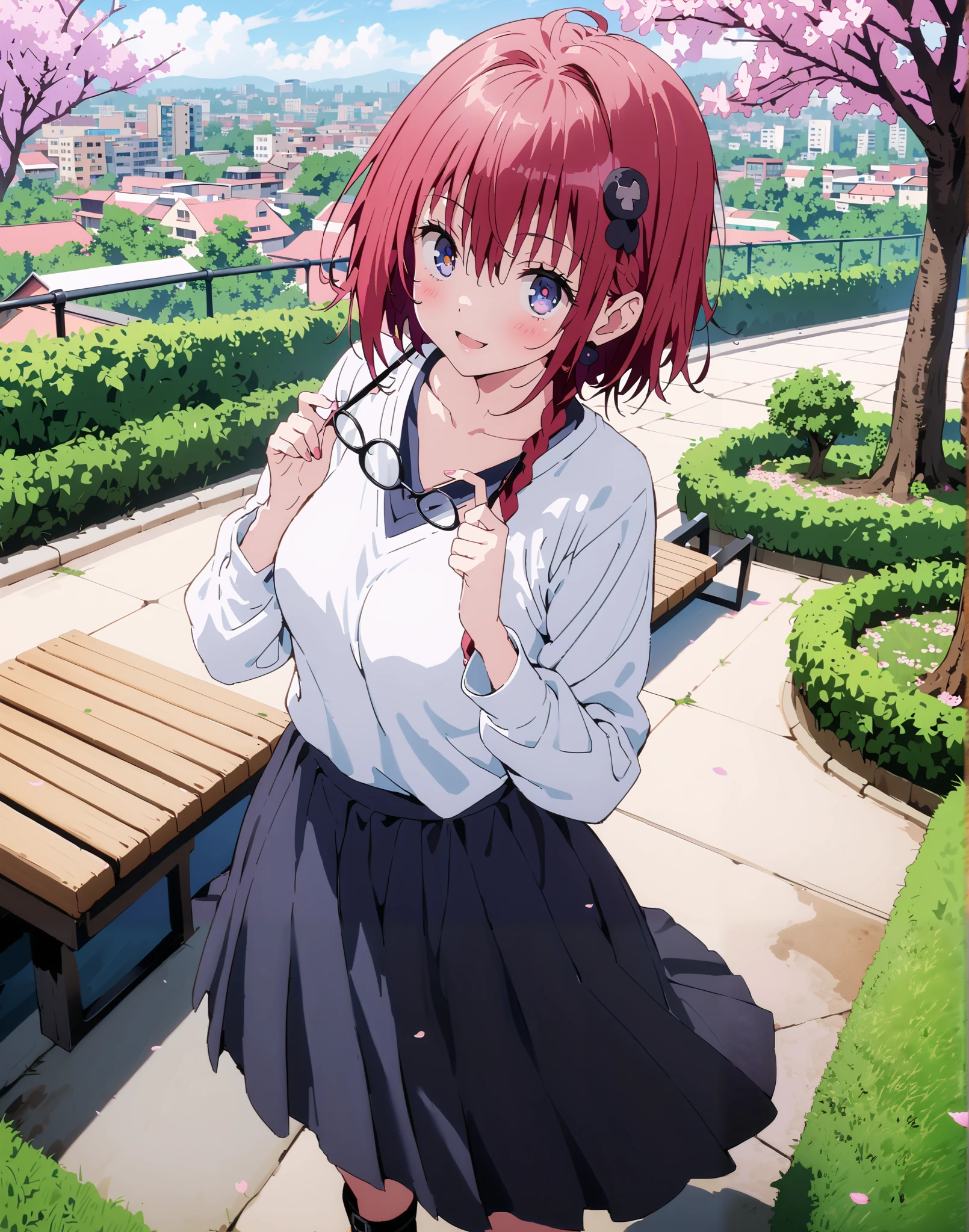 Kurosaki's thing , Alone,stupid hair, blue eyes, knitting glasses, hair intake, sngle braid,HAIR ACCESSORY, red hair, hair knitting glasses, smile,blush,open your mouth,Medium breast, oversized v neck sweater long sleeve,long skirt,short boots, bench,Beautiful cityscape,cherry blossoms,standing,full bodyがイラストに入るように,
break outdoors,garden,
break looking at viewer,full body,
break (masterpiece:1.2),Best Quality , kampala, Unity 8K Wallpaper ,(shape:0.8),( fine, beautiful eyes :1.6),It's a person ,full body写真,CG Details , (perfect hands, complete anatomy),