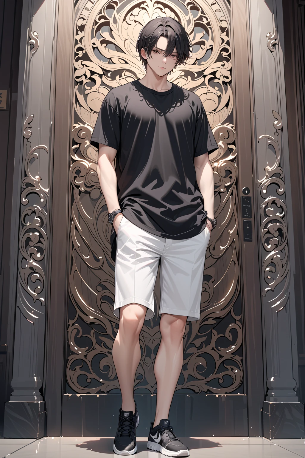 A young Asian man stands, handsome, muscular, looking at the camera. In a simple black t-shirt, Fieldside, grass, beach, sunlight