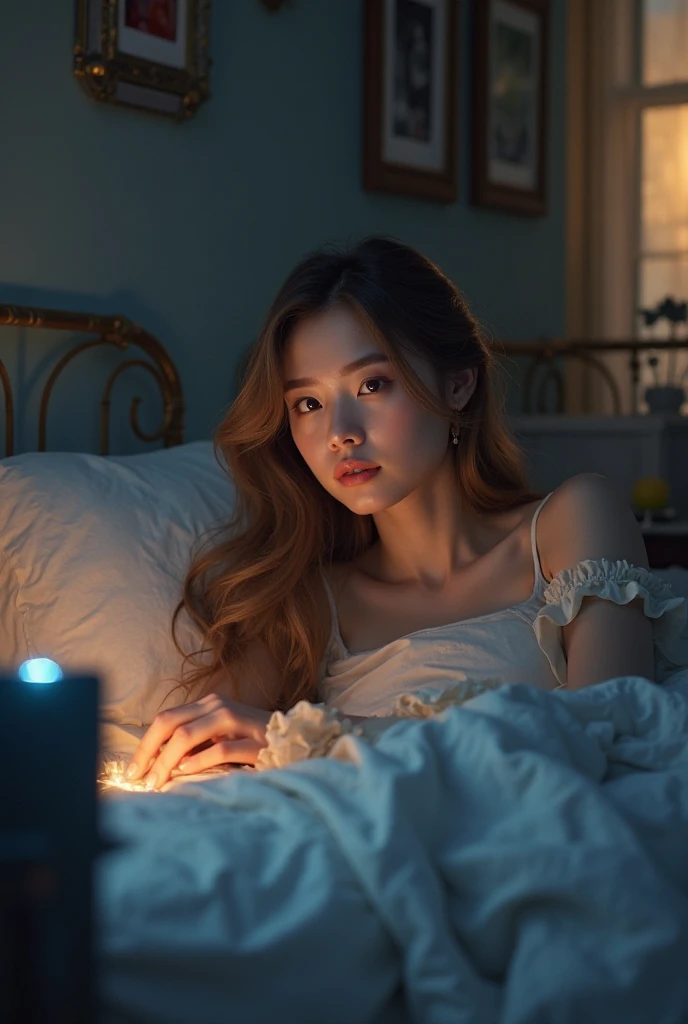 8K, ultra-realistic, hyper-realistic, photorealistic, masterpiece, ultra-detailed, natural lighting, HDR, professional rendering, sharp focus, true-to-life colors, textured surfaces: Create an image of an alone, confident 2 Filipina woman with an hourglass body shape, slightly curvy, standing at 5'4". She has fair skin, long and thick hair, and a small heart-shaped face with subtle cheekbones and a rounded chin. Her nose is delicate, pointy, and . She is lying in bed inside a beautifully decorated, well-lit room. The room is warmly illuminated by soft ambient lights, complemented by the gentle moonlight streaming through large windows. She is wearing elegant, transparent lingerie covered by a flowing transparent sleeping gown on top. The camera is positioned to capture her entire body, showing her relaxed pose as she lies in bed, wearing comfortable headphones while listening to music. Her hands rest comfortably at her sides or gently touch her face, reflecting her peaceful mood as she enjoys the music. Her serene expression suggests she is about to say good night. The night sky outside, dotted with stars, adds a tranquil and calming ambiance to the scene.