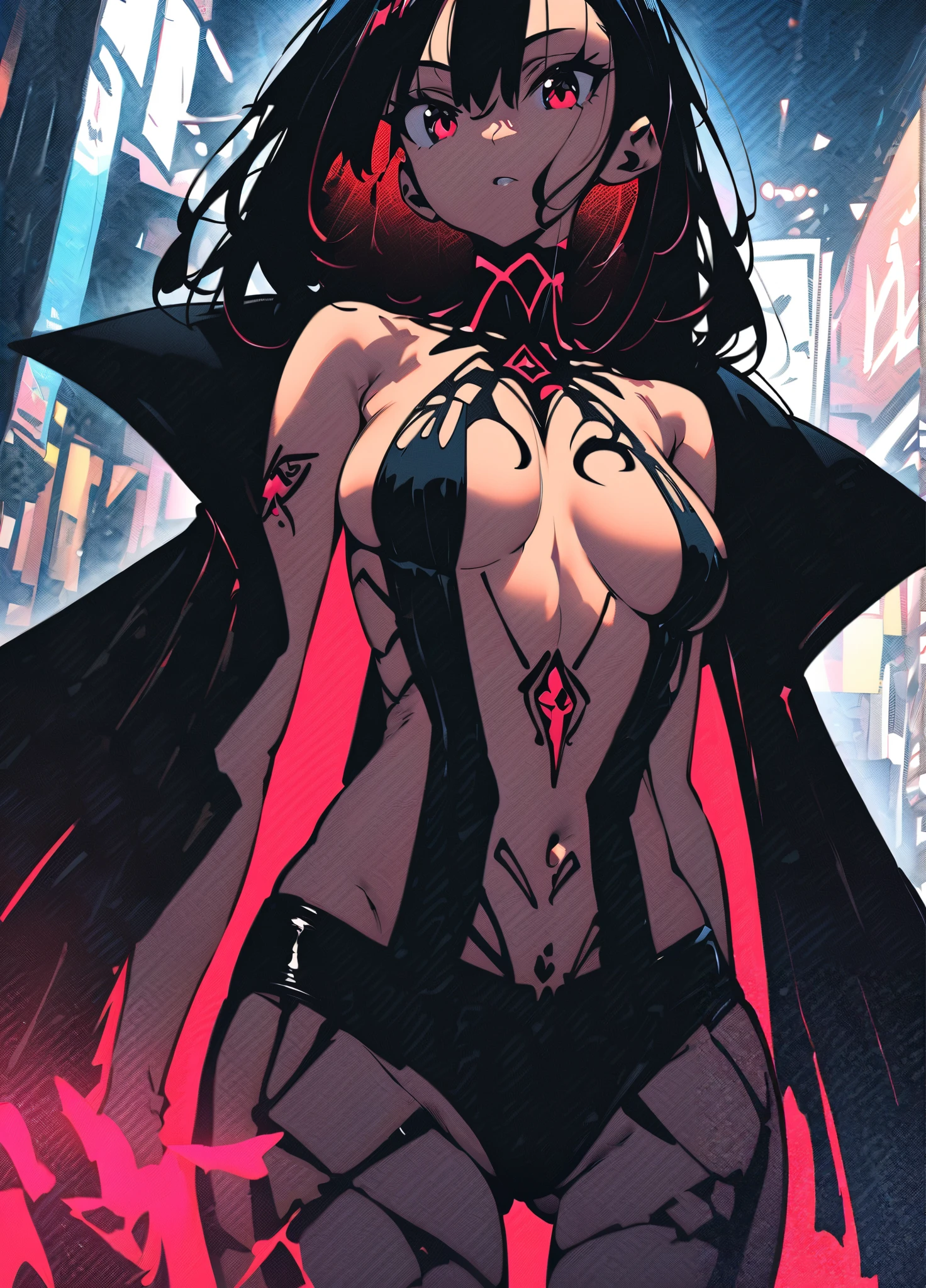 (1girl, Lsatanus), (extremely detailed CG unit 8k wallpaper),(master part), (best quality), (ultra detail), (best illustration),(lora:80'sFusion:0.6), cowboy shot, (Sharp eyeliner, ombre, detailed eyes:1), midnight, neon light city background, ,break , (neon_pop art style), long hair, red eyes, thighhighs, gloves, bikini, red hair, fangs, vampire, bikini armor, fiery hair, cape, choker, colored sclera, pauldrons,