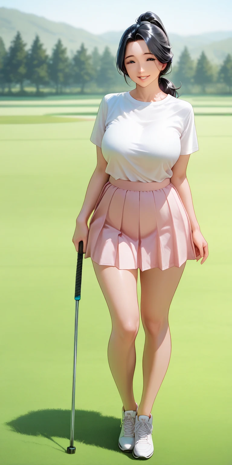 A barefoot, full-body figure standing with both feet together on the grass、Shortcuts、cute、20-year-old、Japanese、Big Boobs、White underwear、Tight underwear。Plump、(Run:1.2)、Bouncing Boobs、Moving hair、Nipples