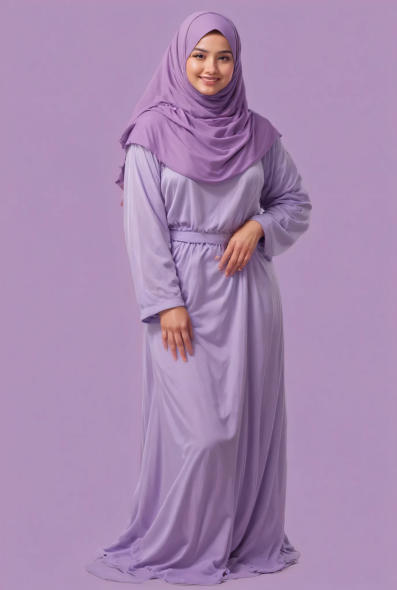 A beautiful Asian girl in a long hijab with tight and clearly visible breasts, With dark colored clothes, and good quality images