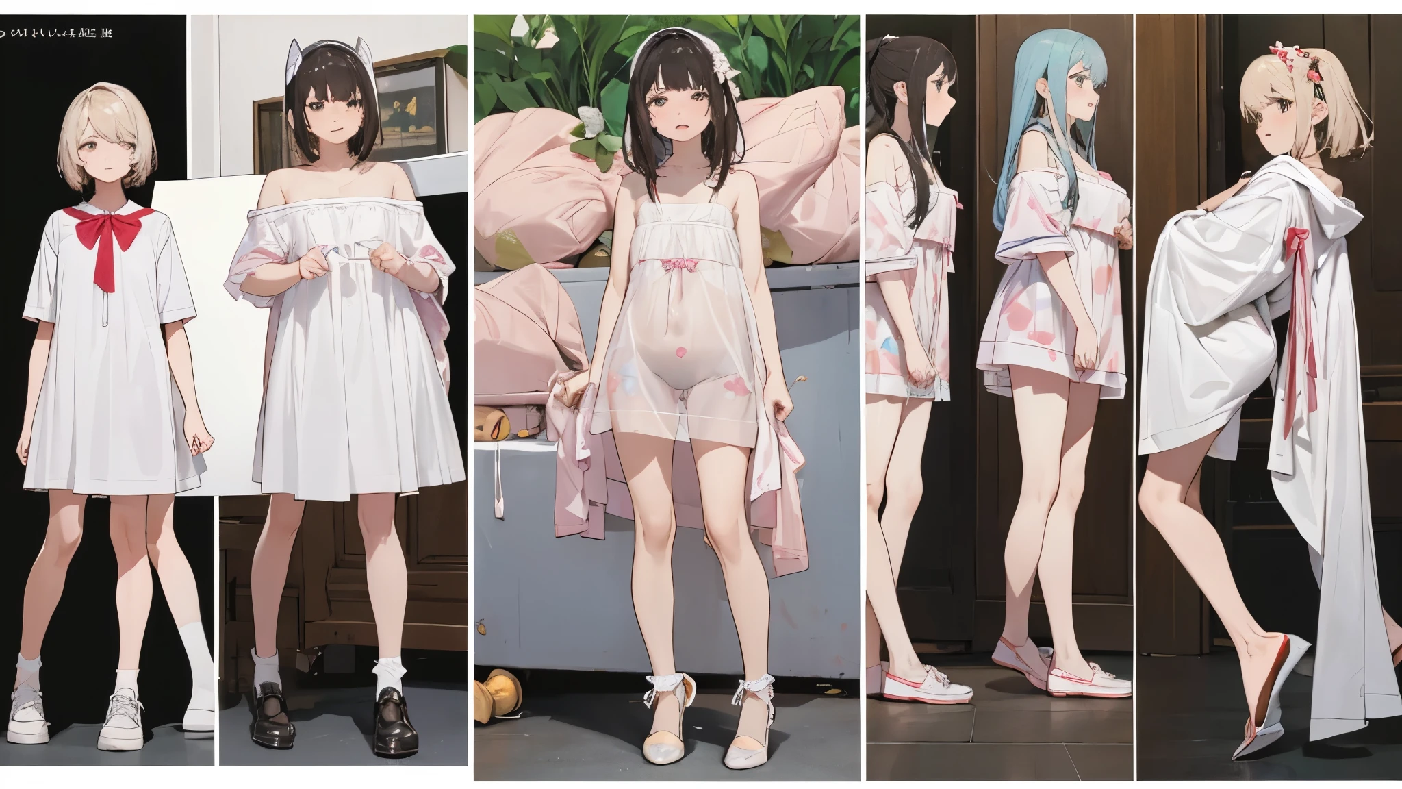 Girl with long black hair、(White dress、See-through bra、The bra is see-through、See-through orange bra)、(Underwear peeking out from under the dress、Showing off cute blue underwear)、(barefoot、cute leather shoeoderately large、Standing posture