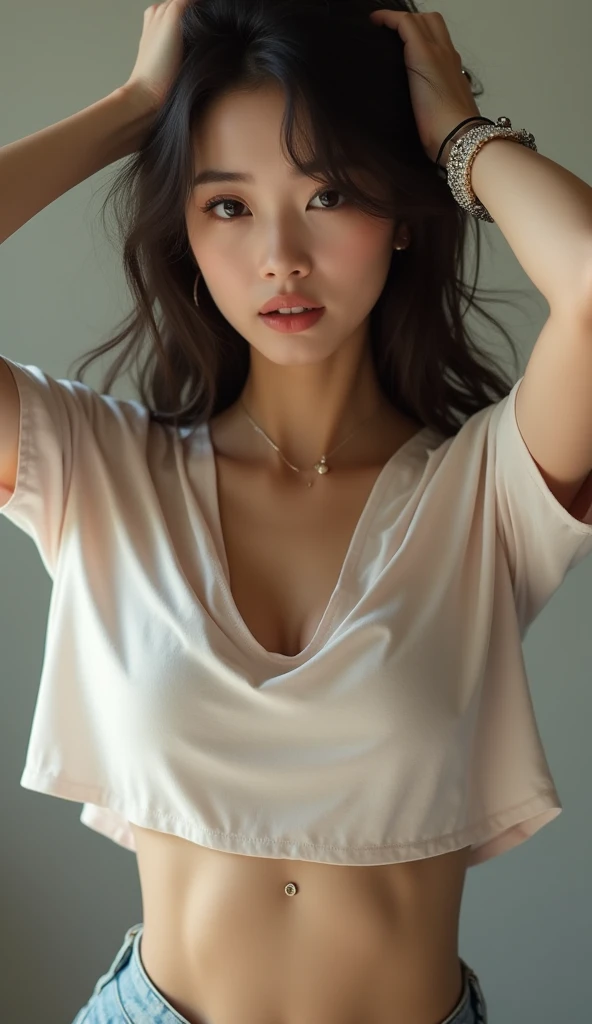 best quality, 8k wallpaper, On the table, Perfect body, Beautiful woman, protrait photo, Look at the audience, Slim abdominal muscles, Dark brown hair, huge , V-neck shirt, Cleavage, Not exposed, Natural light, City Streets, Highly detailed face and skin texture, Delicate eyes