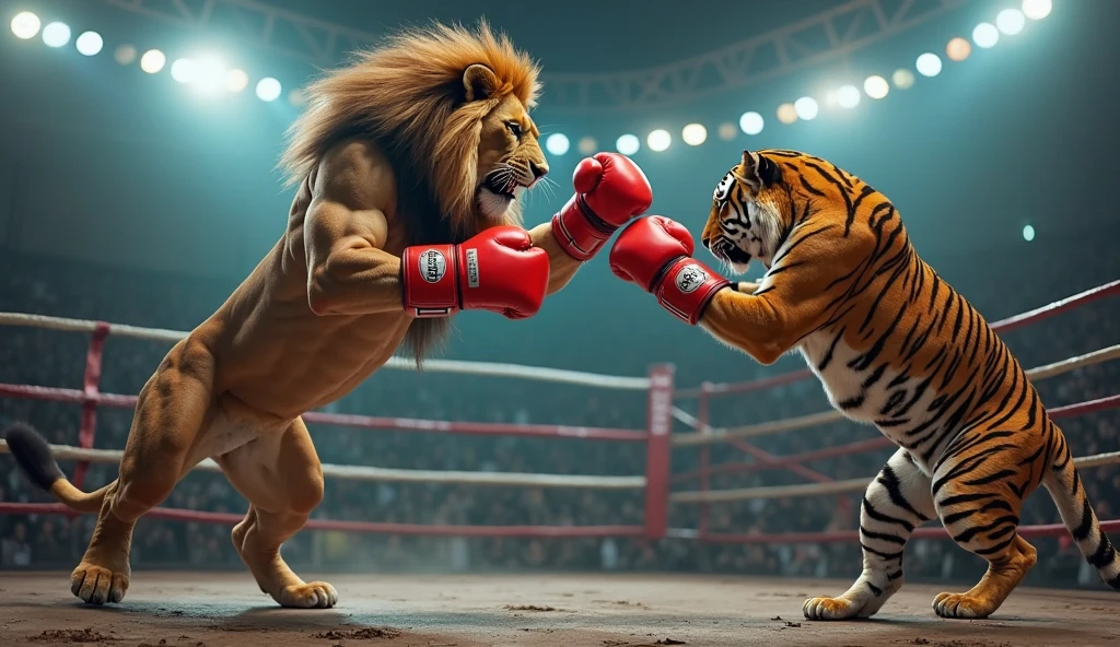 “It creates an image of two anthropomorphic feline characters engaged in a boxing match. A character, the face of a tiger, is on the left with boxing gloves and blue neon-effect underwear, receiving a punch. The other character, a lion, with wounds on his face from the blows he has received, is on the right wearing boxing gloves and neon green boxers, punching hard with an expression of shock and pain while a visible energy emanates from the point. contact on the face. The background is filled with an excited crowd under the bright lights of the stadium, enhancing the dramatic effect of this high-stakes combat sports scene.” Soft furry skin like real animal, neon light effect