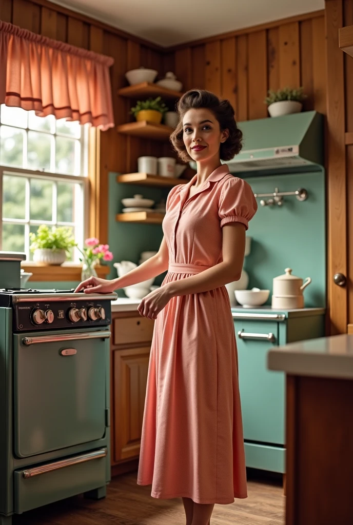 A lovely woman (M_Monroroe) in a sheer summer dress offering the viewer a cake, 50s style living room, old fashioned tv against wall
