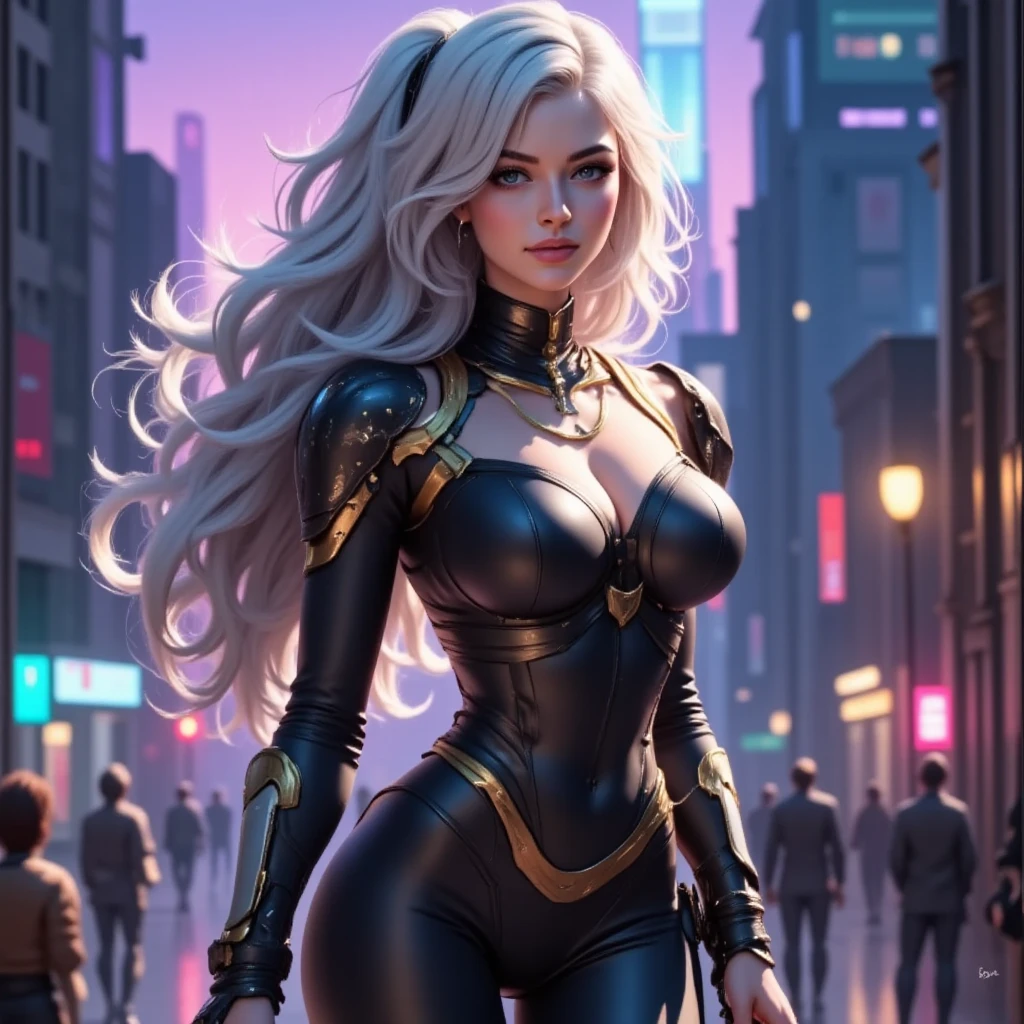 (Masterpiece, 4k resolution, ultra-realistic, very detailed), (gold haired electrifying hero vixen in purple/blk/gold military armor similar to Batman She's charismatic wearing a tight, shiny superhero costume), [ ((25 years), (huge breasted, huge buttocks), full body, (blue eyes:1.2), ((action pose in Tokyo City over the buildings),show of strength), (( urban environment):0.8)| ( Tokyo cityscape, at night, dynamic lights), (neon lit))] 4K, 8k uhd, painting of ultra-high definition. female protagonist has white hair, is 25 years old and her entire body is shown in the painting. In terms of portraying the actions of superheroines. Cinematic representation. Cinematic presentation.