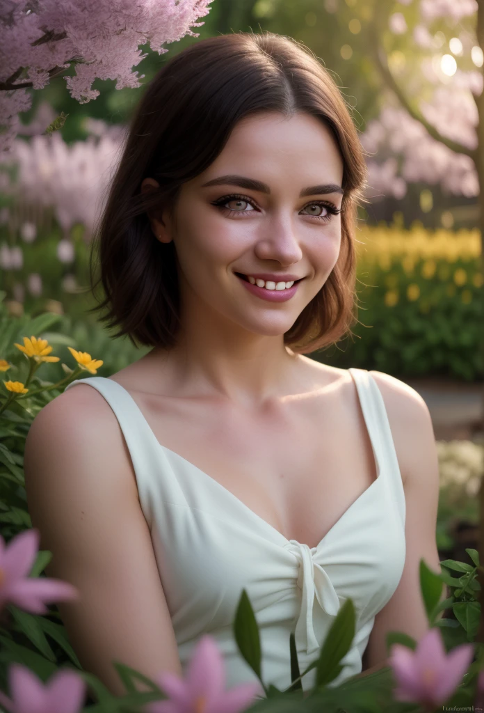 ((Closeup of sexy muse girl in front of Guangdong flower garden, wear new white women's sleeveless t-shirt)),details of her face and skin, sharp focus on her face, perfect lighting on her face, short hair, bangs, (High nose)), (red lips, white teeth), ((small breats)), (blue eyes:1,6), ((dimpled smile:1,6 )),((sharp focus on her face)), Looking at the audience