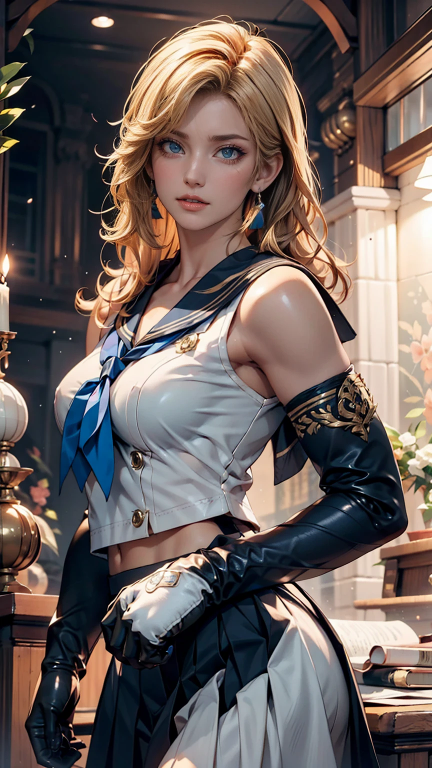 Woman portrait、Highest quality、8k, clear, Fine skin、Clear, beautiful eyes、The beauty of a smile、Bright beautiful face、whole body、Curly Hair、My hair was messed up by the wind、(Big Breasts、Muscular、tall),(Hip_superior, Hip superior), Beauty,( Watching the audience),Realistic, High resolution, Soft Light,1 female, One person,(blonde hair),short hair,bangs,Fine Skin, Naughty look,((Burberry Checkの胸元の空いたスチームパンクのkimono,plaids,Mature Woman,white dress shirt)),steampunk style、Costumes decorated with lots of gear and watches,(Burberry Check,Sailor-style armor with collar)、Beautiful Steampunk Guild Staff Costume Banker Uniform,(Burberry Checkのメカ,Silver Steampunk Kimono, High-tech Mecha,Beads,elbow gloves、Gemstone Helmet,Luxurious obi,Lavish decoration, High leg)、((arms behind back)),(bokeh),(studio lighting)