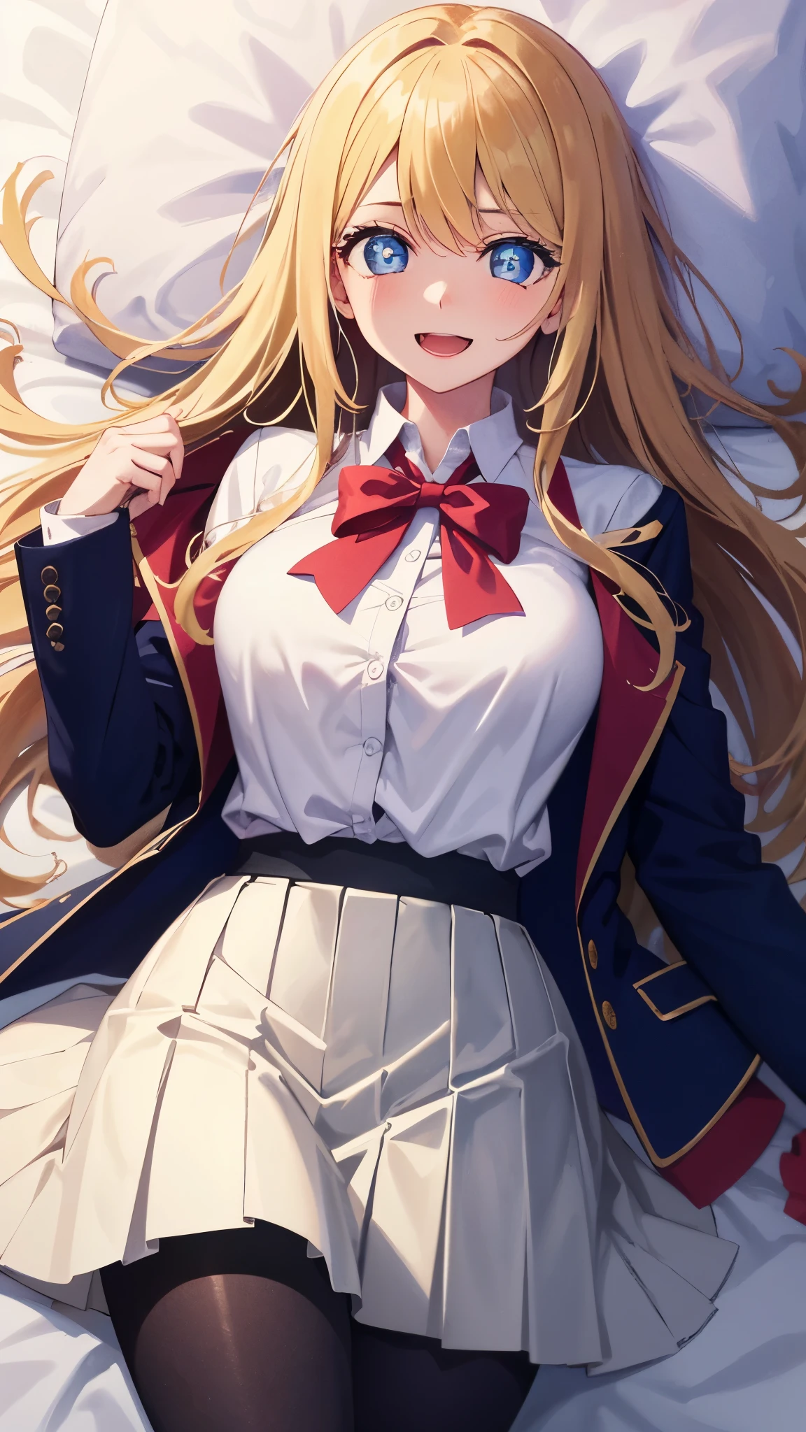 {{{masterpiece}}}, {{{best quality}}}, {{ultra-detailed}}, {illustration}, {{an extremely delicate and beautiful}}, (beautiful detailed eyes:1.6), extremely detailed face, 16k, Anime Face, Shiina Mahiru(The Angel Next Door Spoils Me Rotten), Aamahiru, cute face, long hair, Blonde Hair, Brown eyed(High resolution eyes, Beautiful eyes、Light in the eyes), flushed cheeks, slender, medium breasts, thin waist, big hips, curvaceous, red bowtie, blue jacket, blazer, long sleeves, white shirt, pleated skirt, plaid skirt, brown skirt, pantyhose, Zettai ryouiki, break, 1girl , Alone, lying, on back, smiling, open mouth, embarrassed, flushed cheeks, looking at viewer, on the bed, dakimakura 、blonde hair、Beautiful breasts