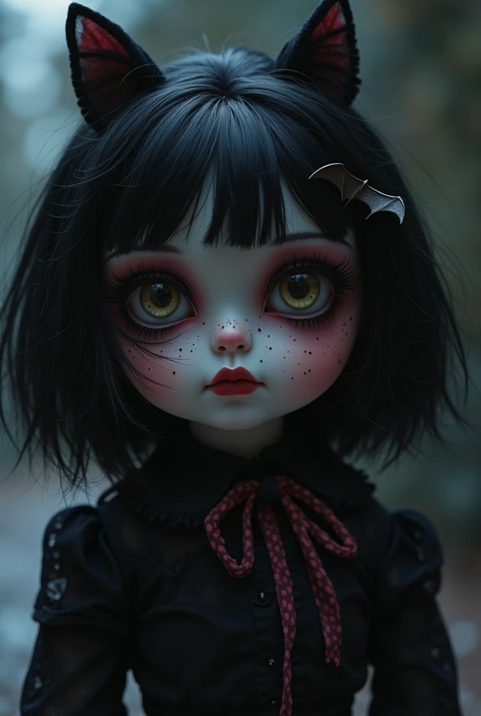 ((style by Esao-Andrews + Emil Vernon)) little sweet Abigail, smile, Strong Gothic Makeup, Headband on black hair, Big bangs to the eyes, in a classic doll dress with a corrugated hem and tulle ruffles, A cat's head sticks out of the pocket of his dress, Gloomy foggy atmosphere, surrealism, The absurdity of cuteness, attractiveness and rejection of extraordinary appearance, By tapestry, ((A hyper-realistic)), Gradient by style, Complicated details, Intricate, aesthetics. Palette knife-oil painting, ((Best Quality, tmasterpiece)), (extreme hight detail), impressionism:0.2, Octane Render, 8K