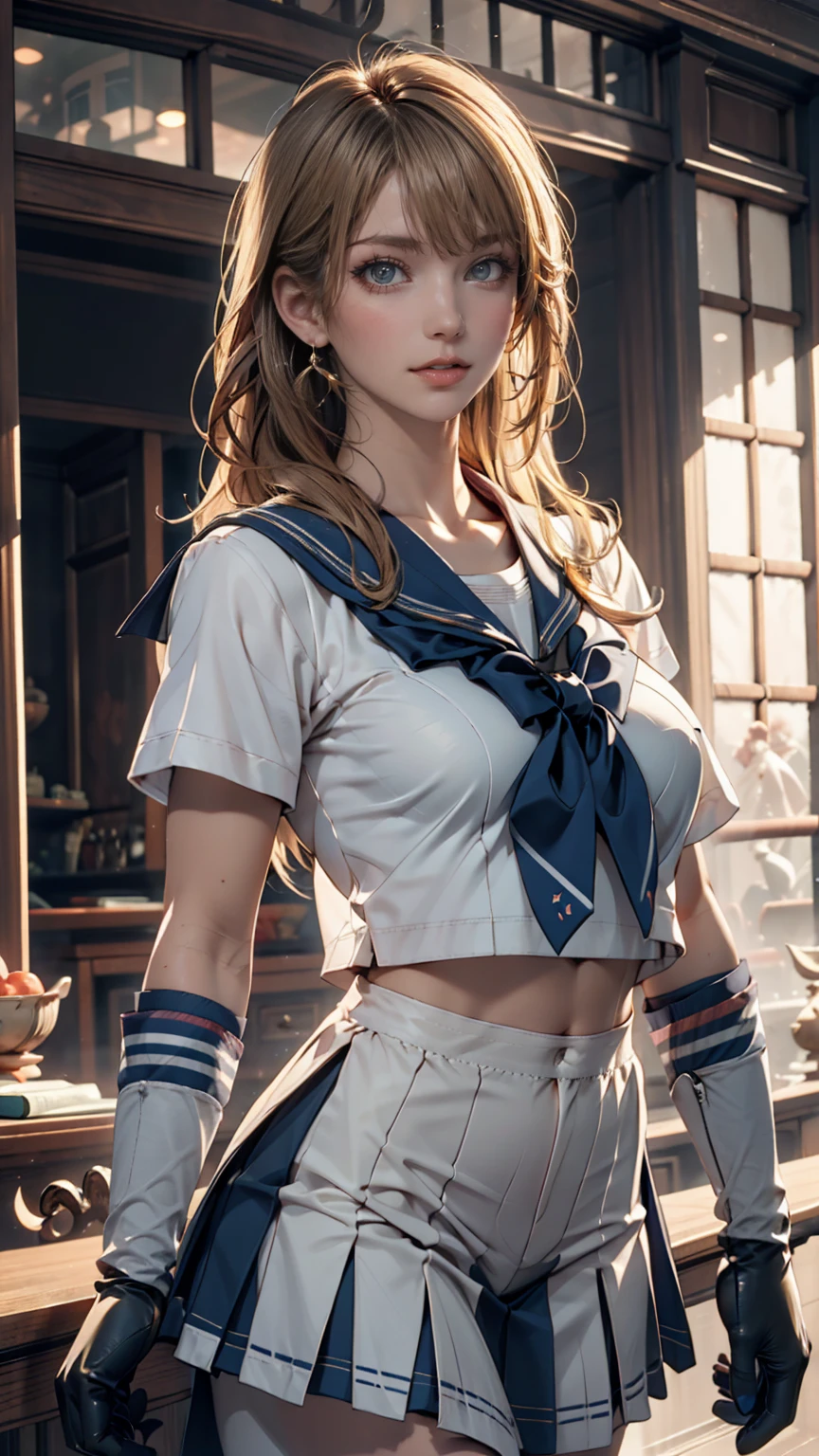 {{masterpiece, Highest quality, Highly detailed CG, unity 8k wallpaper, Cinema Lighting, }}, Sony a7, Wide Frame, South Pacific, During the war with Asian countries, Winds blowing on the Aegis ship, 1 Girl, whole body, smile, She is a US Navy sailor., White people, 20-year-old, smile, Blonde, Short Bob, blue eyes , Long eyelashes ,Eyeshadow、lipstick、Sexy proportions、Narrow waist、Sexy、Create flexibility((A seductive gesture))、Nipples are poking out