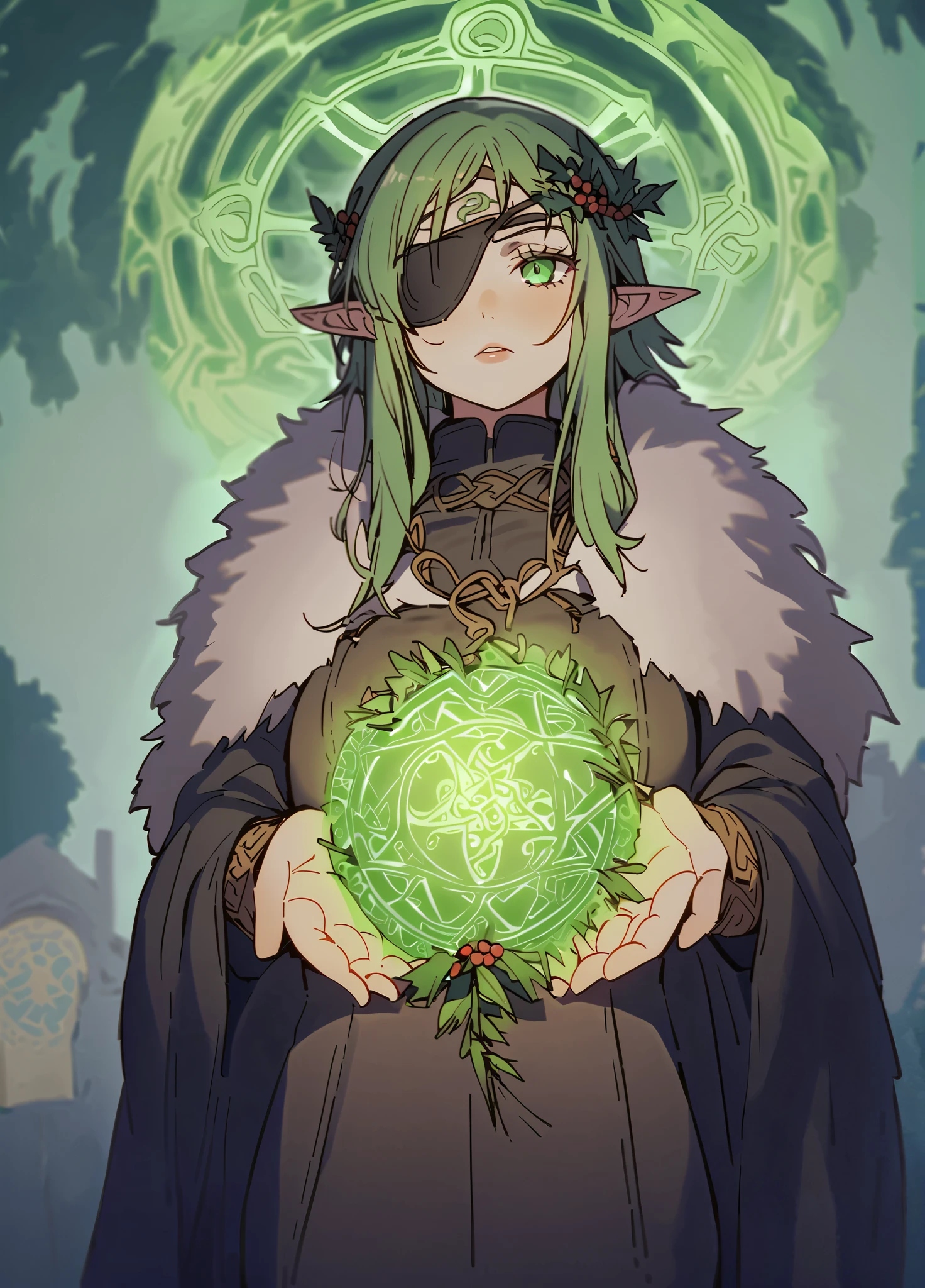 Celtic people, mistletoe, tree, female druid, 1 person, eye patch on left eye, priest, green magic circle, ritual, runes, high elf, floral pattern, mistletoe wand, feathers on ears, fur cloak, spell, green aura, fertility