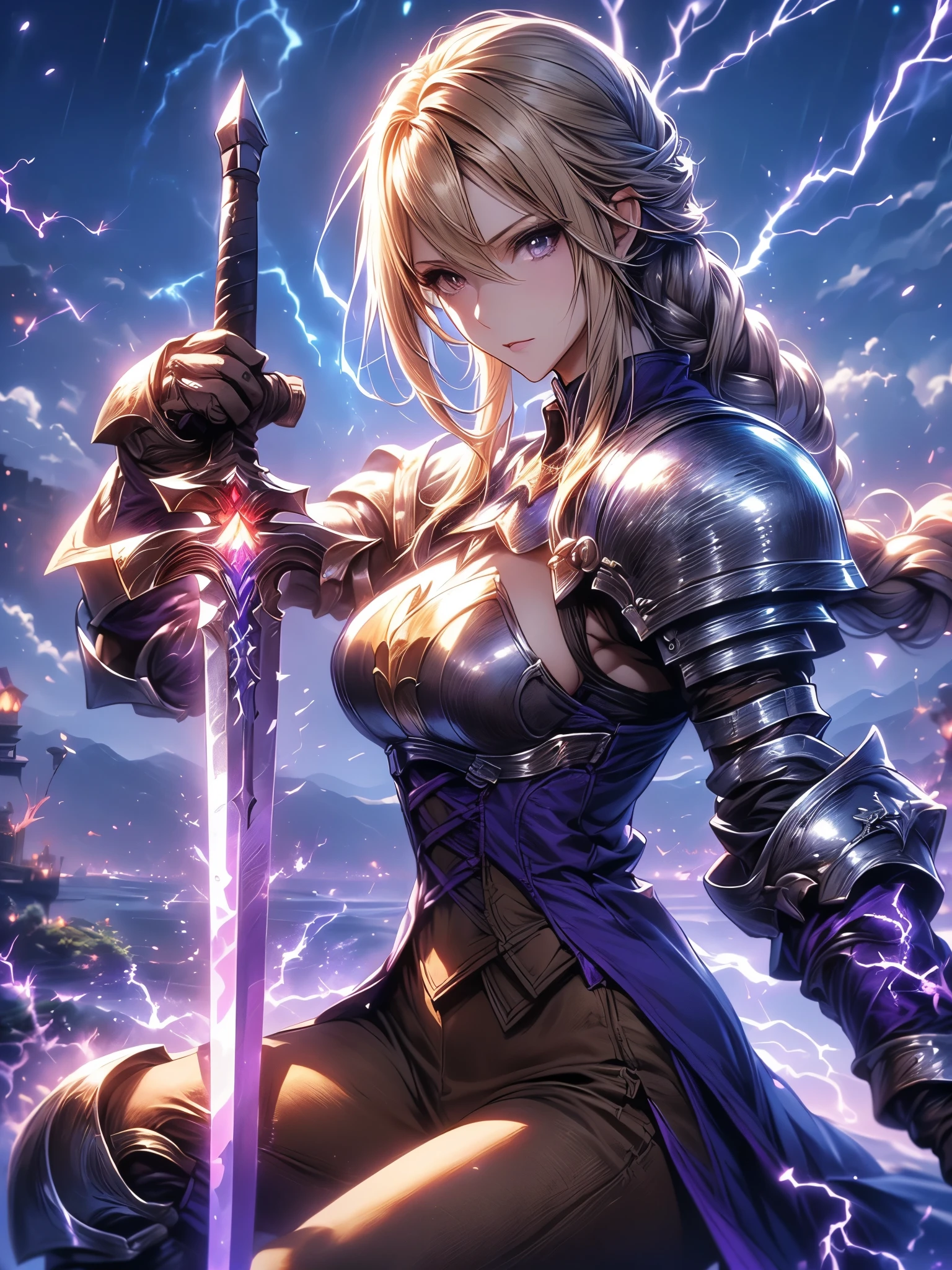 (Agrias Oaks\(Final Fantasy Tactics\), score_9, score_8_Excellent, score_7_Excellent, 32K ,Detailed Depiction 、 壊す A girl holding a 剣 in her hand, Luxurious Sword, Lightning-charged Sword,,blond hair, braided ponytail ,brown eyes,shoulder armor, armor, corsets,(brown pants:1.3), Knee pads, BLUE DRESS , brown gloves, pants, Cross Race Boots ,big breasts,dynamic pose viewed from the bottom of the back,fighting stance,Dynamic Angle,(\(Become, European Swords ,purple lightning sparks , glows blue\):1.4)\),(purple lightning sparksが彼女の全身から噴出する), Female Paladin Images , Anime Fantasy Art Destroys ,background\Long Hit,Dynamic Angle,A huge art structure made with a very aesthetic chrome plated framework and glass, 青い月と星のbackground,Night Sky , (Alone:1.6 )(Best Quality)),(Ultra High Resolution),(Super Detail)