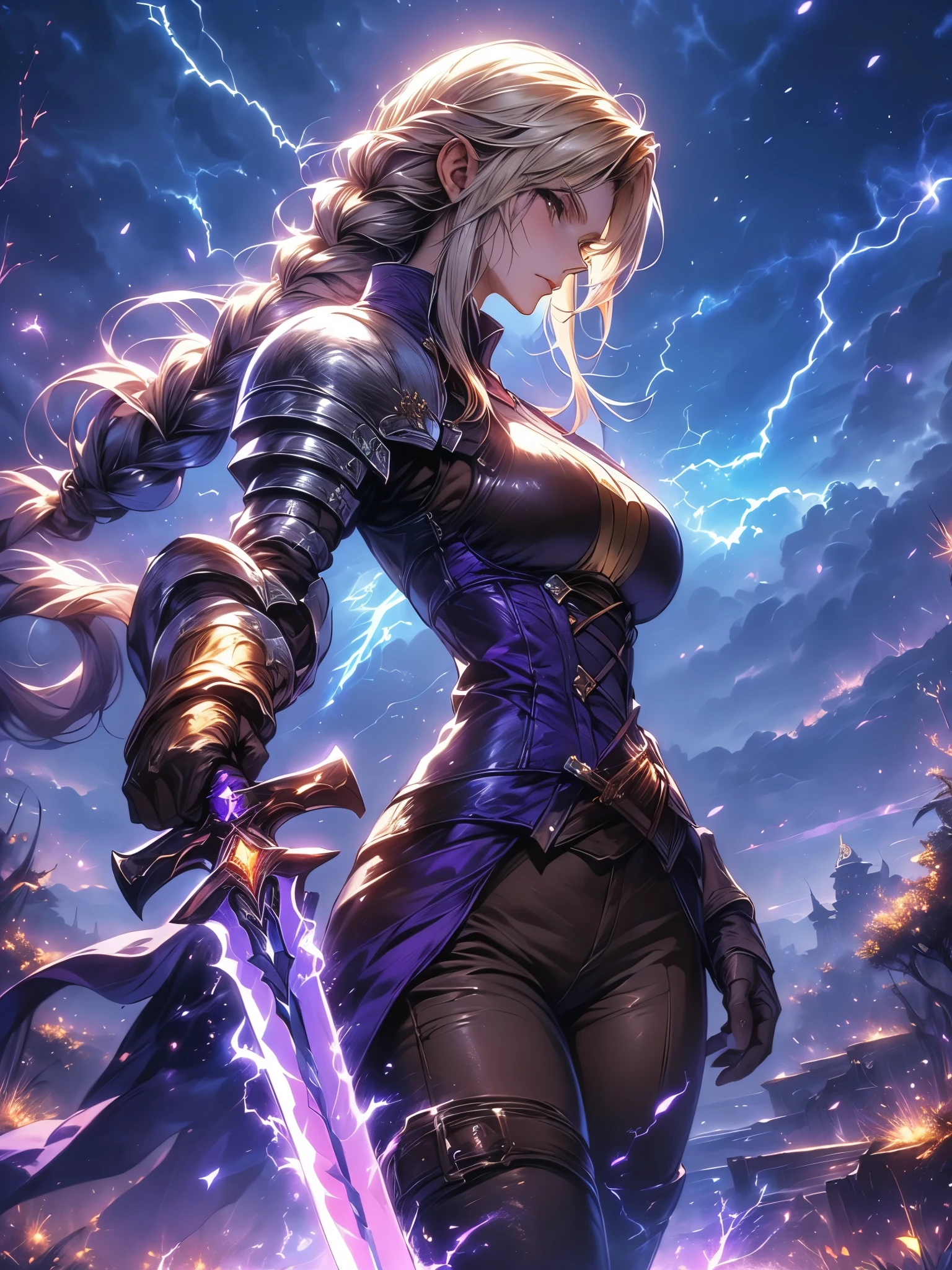 (Agrias Oaks\(Final Fantasy Tactics\), score_9,  score_8_Excellent,  score_7_Excellent, 32K ，Detailed Depiction 、  壊す  A girl holding a 剣 in her hand,  Luxurious Sword, Lightning-charged Sword,,blond hair,  braided ponytail ,brown eyes,shoulder armor, armor,  corsets,(brown   pants:1.3), Knee pads,  BLUE DRESS , brown gloves,   pants,  Cross Race Boots ,big breasts,dynamic pose viewed from the bottom of the back,fighting stance,Dynamic Angle,(\(Become, European Swords ,purple lightning sparks , glows blue\):1.4)\),(purple lightning sparksが彼女の全身から噴出する), Female Paladin Images  , Anime Fantasy Art Destroys ,background\Long Hit,Dynamic Angle,a huge art structure made of very aesthetic chrome plated framework and glass, 青い月と星のbackground,Night Sky , (Alone：1.6 )(Best Quality)),(Ultra High Resolution),(Super Detail)
