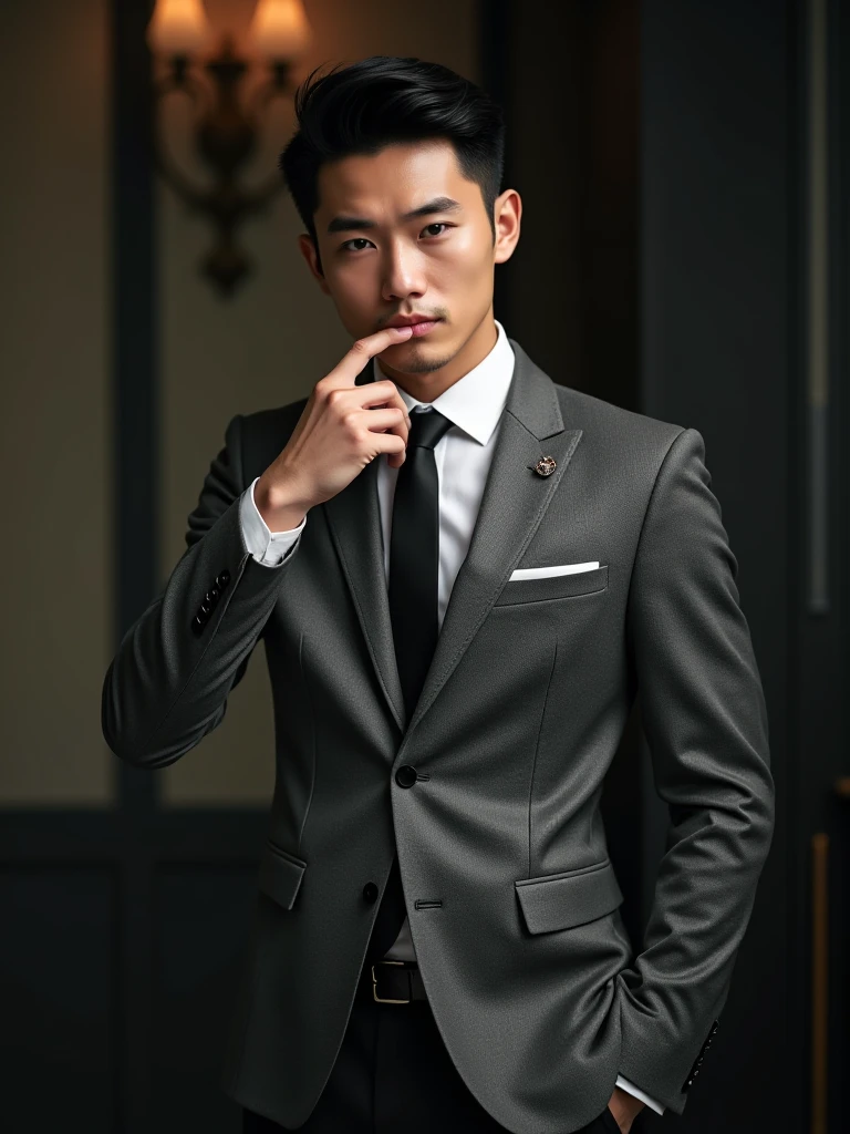 Realistic image of a handsome young Asian man in a gray and black suit ...