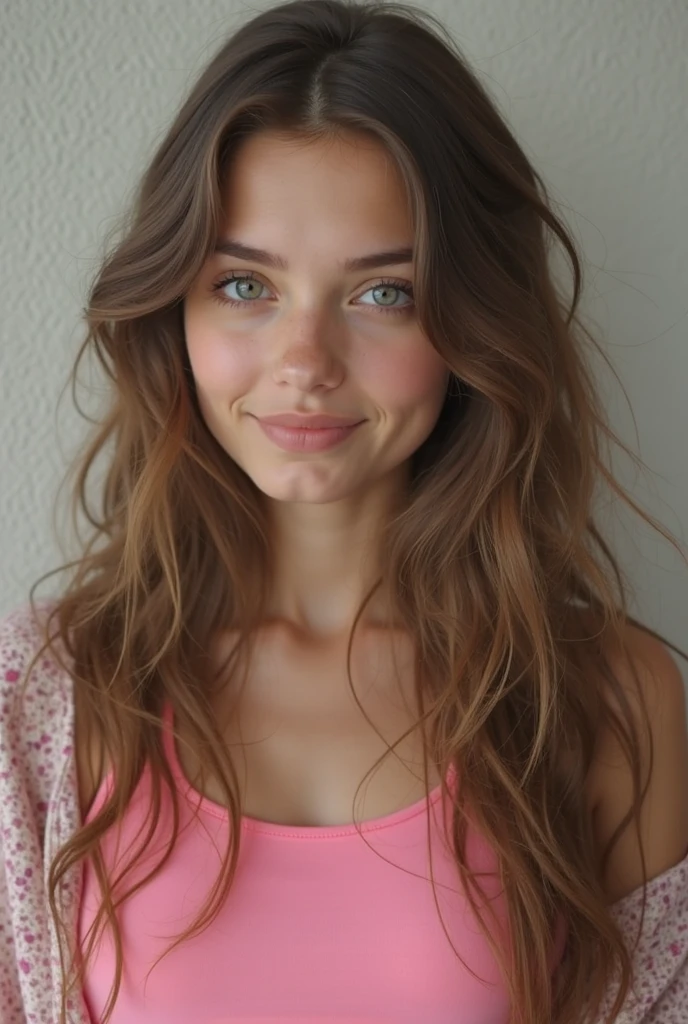 a stunning young woman with long, wavy chestnut brown hair that falls in loose curls down to her waist. She has slightly tanned skin and a smattering of freckles across her nose and cheeks that only add to her natural beauty. Her bright eyes are full of curiosity and are often sparkling with humor.